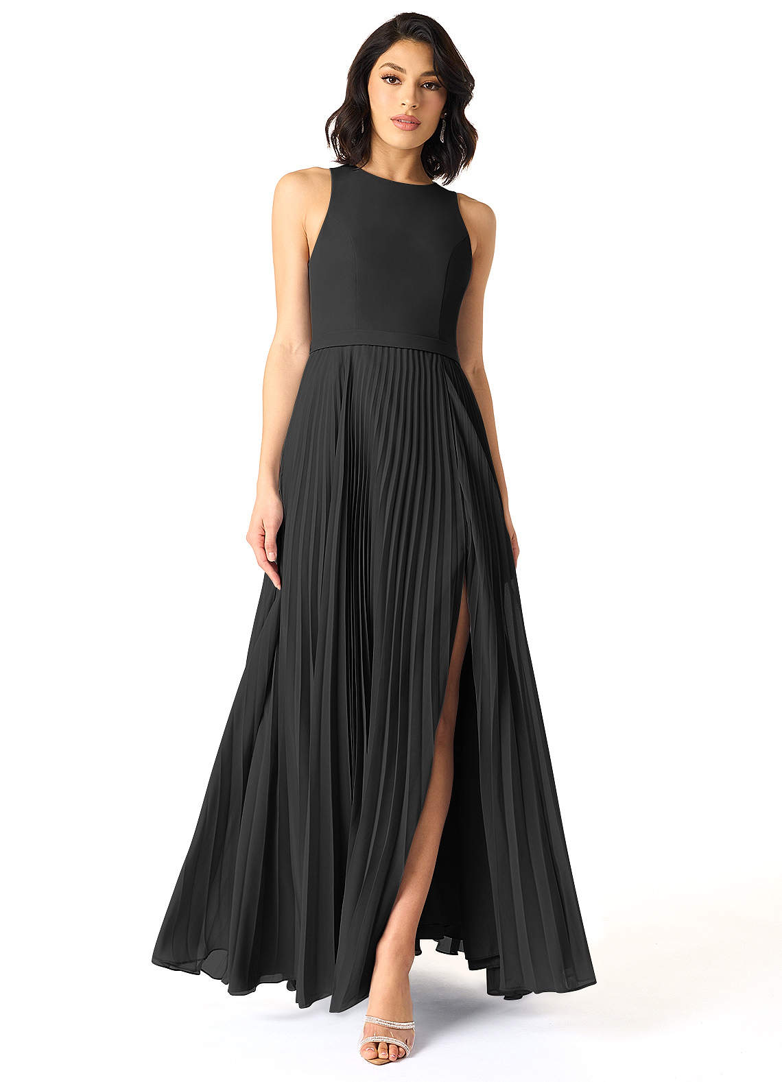Azazie Lindie Bridesmaid Dresses Black A-Line Scoop Pleated Chiffon Dress image1