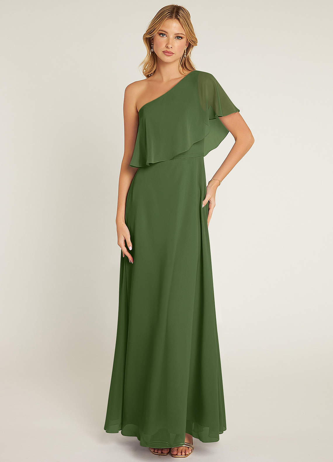 Azazie Lizzy Bridesmaid Dresses Olive A-Line One Shoulder Chiffon Dress image1