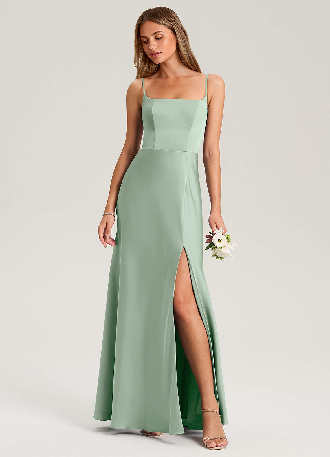 Azazie Lidia Bridesmaid Dresses Agave Mermaid Side Slit Stretch Satin Dress image1