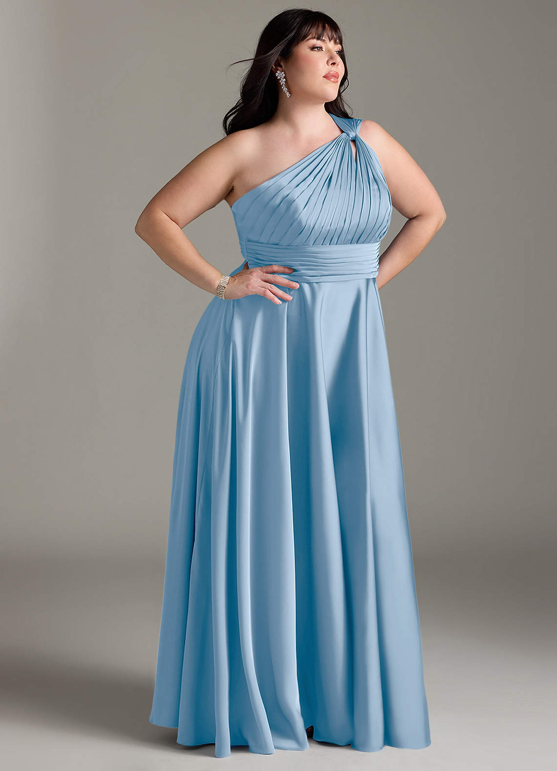 Azazie Charlize Bridesmaid Dresses Powder Blue A-Line One Shoulder Stretch Satin Dress image11
