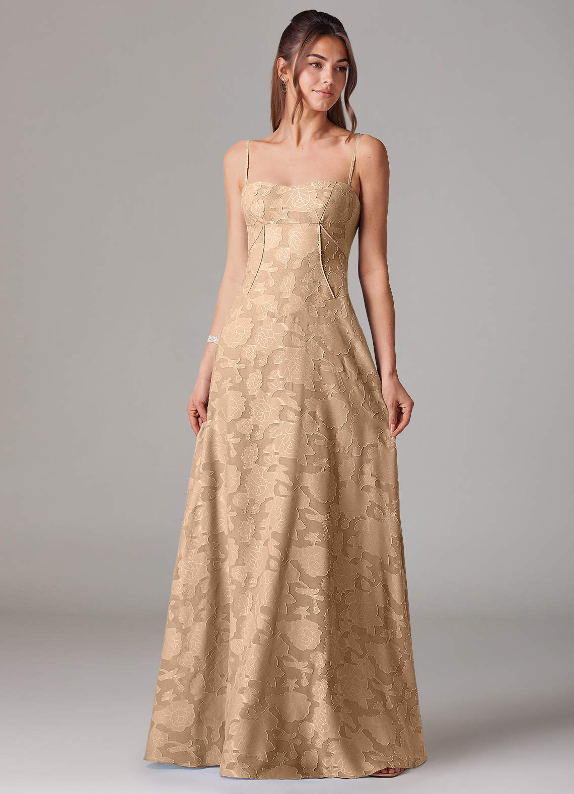 Azazie Valentine Champagne Floral Burnout Bridesmaid Dresses | Azazie