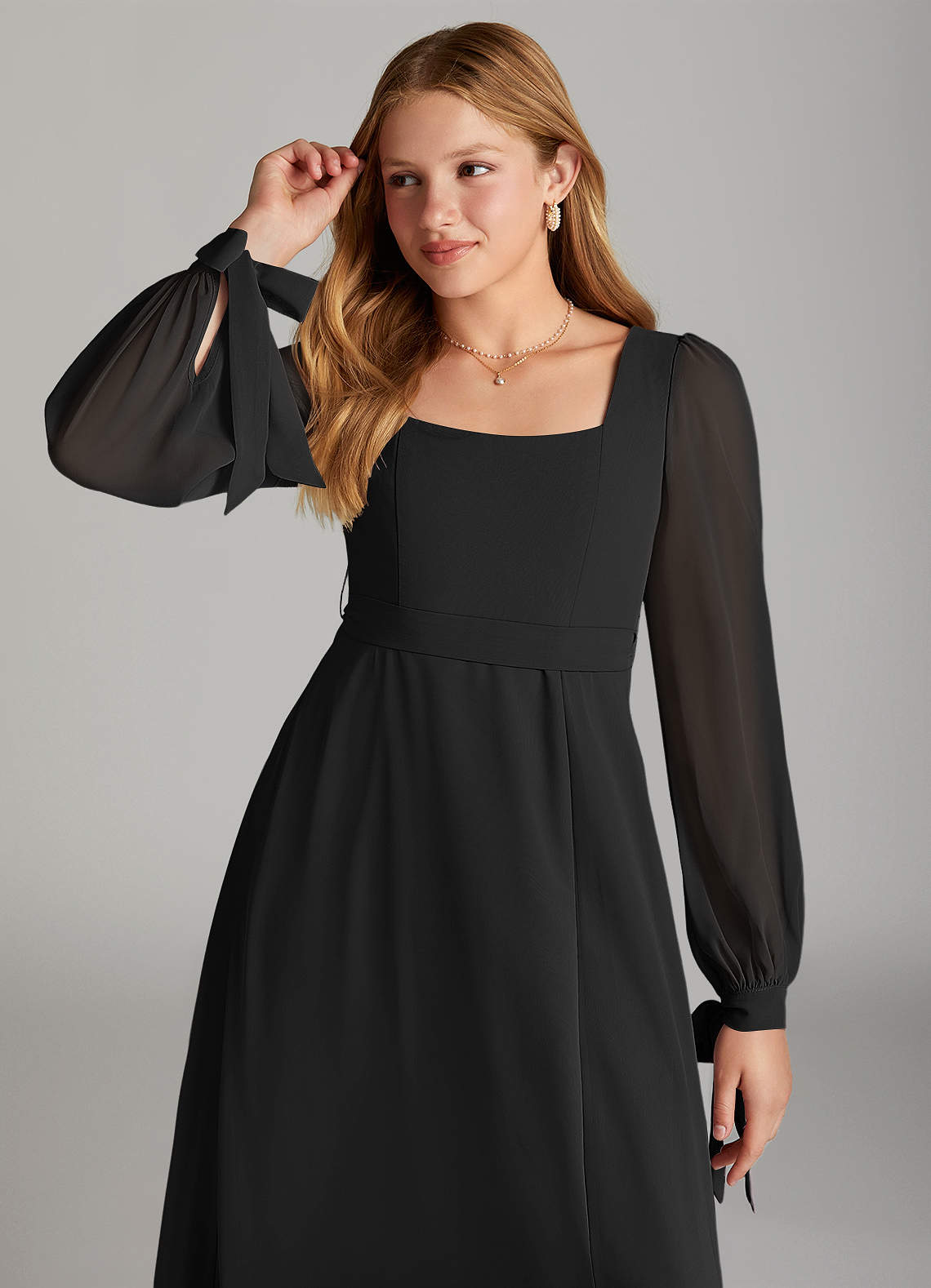 Azazie Leonia Junior Black A-Line with Pockets Chiffon Dress image4