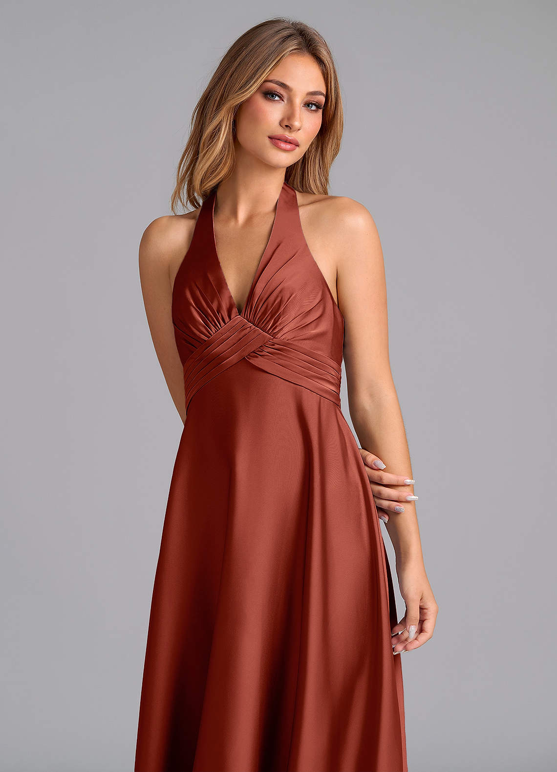 Azazie Tessie Vestidos de prueba en casa Vestido de Terracota de Satén Elástico de Línea A con Plisado image5