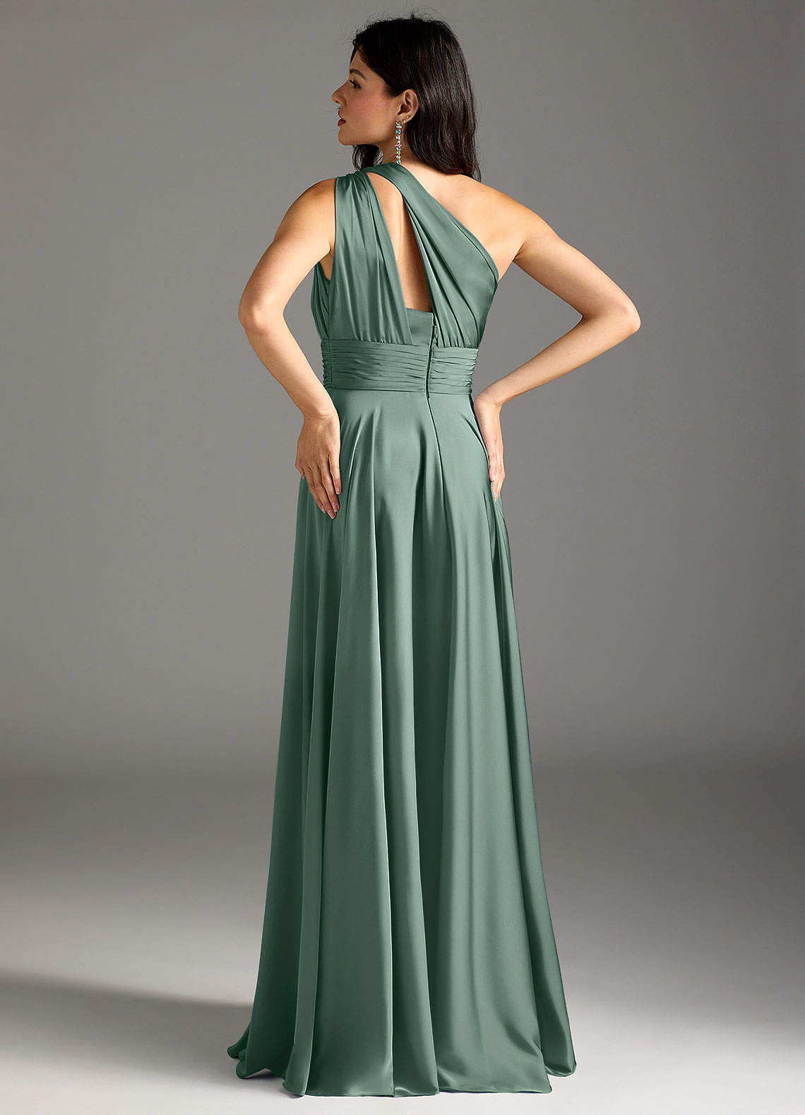 Azazie Charlize Bridesmaid Dresses Eucalyptus A-Line One Shoulder Stretch Satin Dress image5