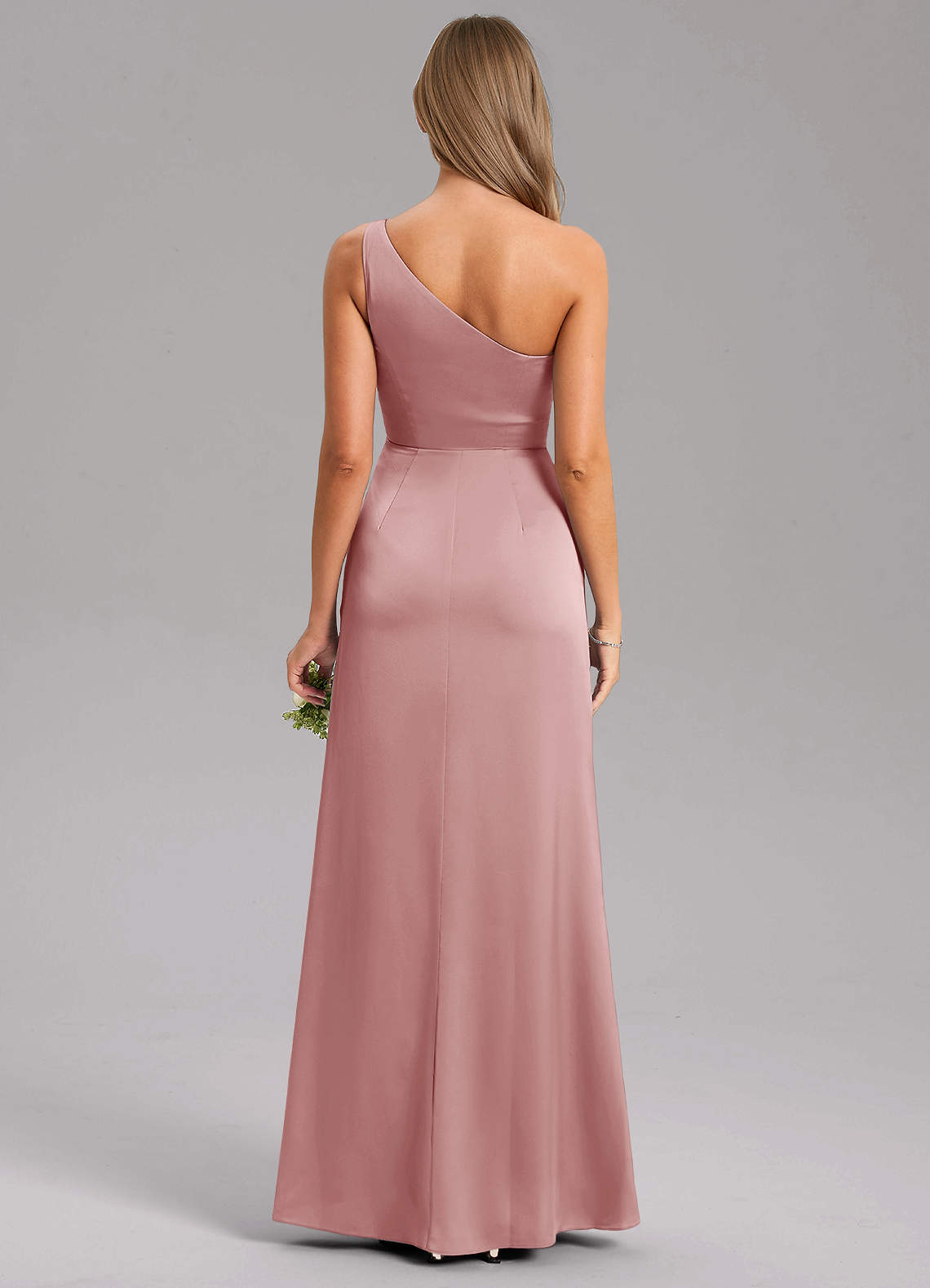 Azazie Phaedra Vestidos de madrinha de casamento Vestido Rosa Empoeirada de Cetim elástico de Linha A com Um ombro image7