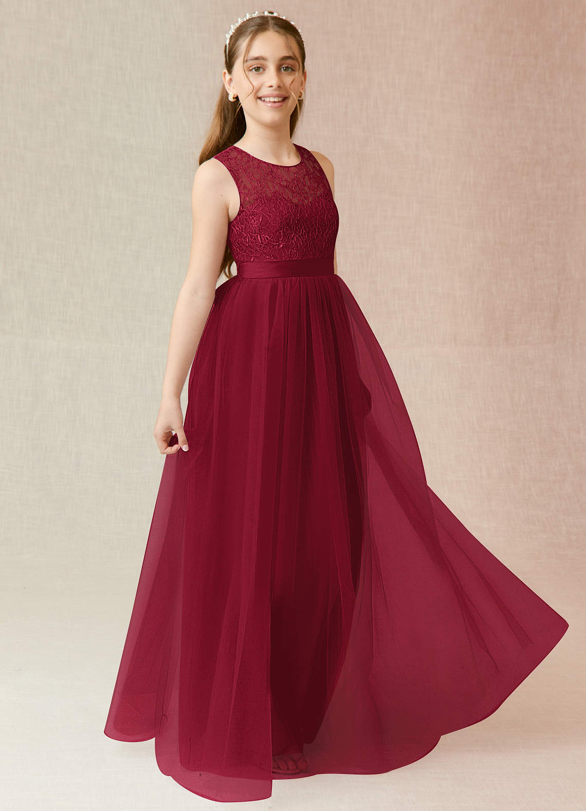 Azazie Georgette Junior Burgundy A-Line Lace Tulle Dress image3