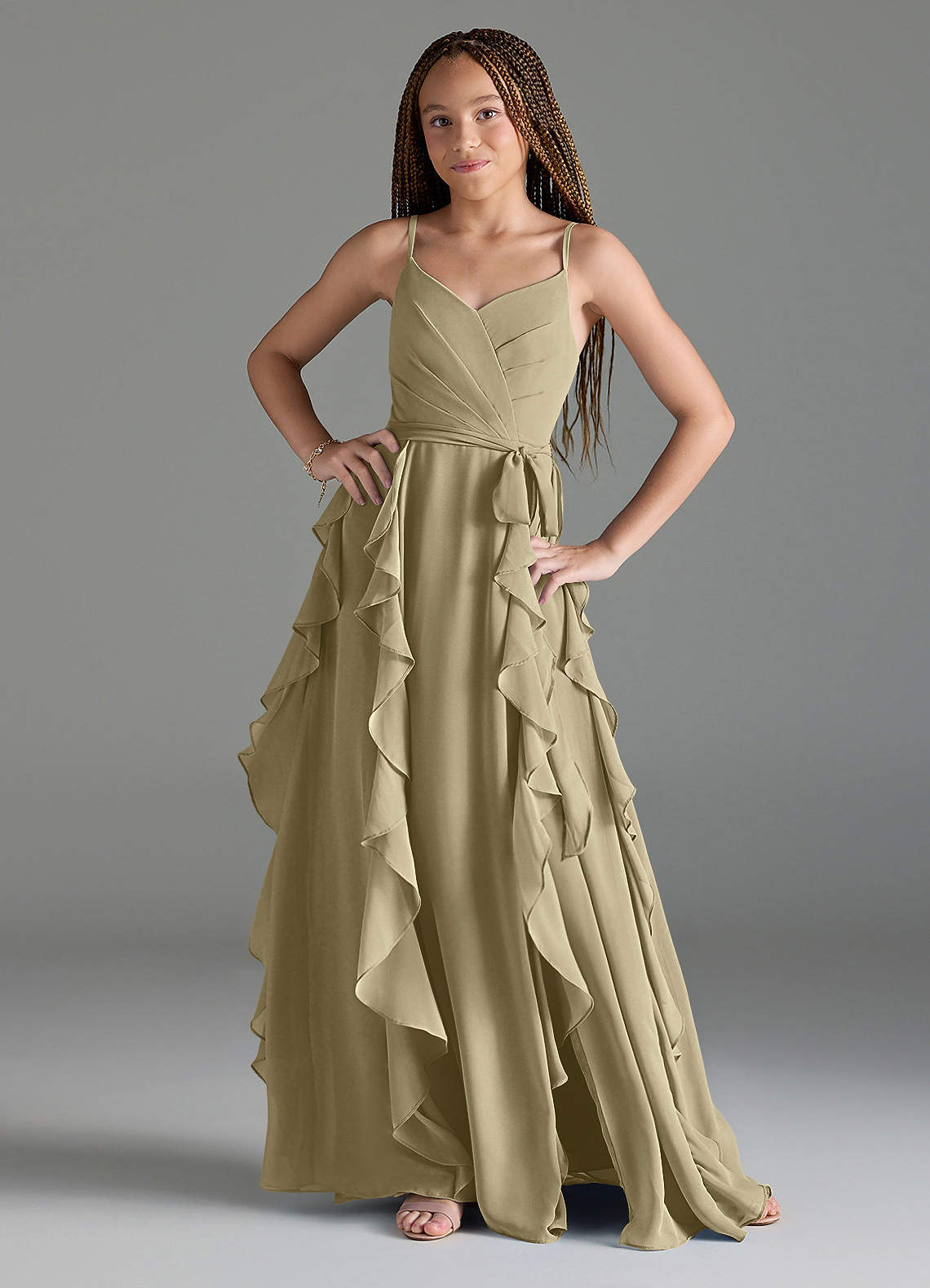 Azazie Peyton Junior Moss Green A-Line V-Neck Cascading Ruffles Chiffon Dress image1