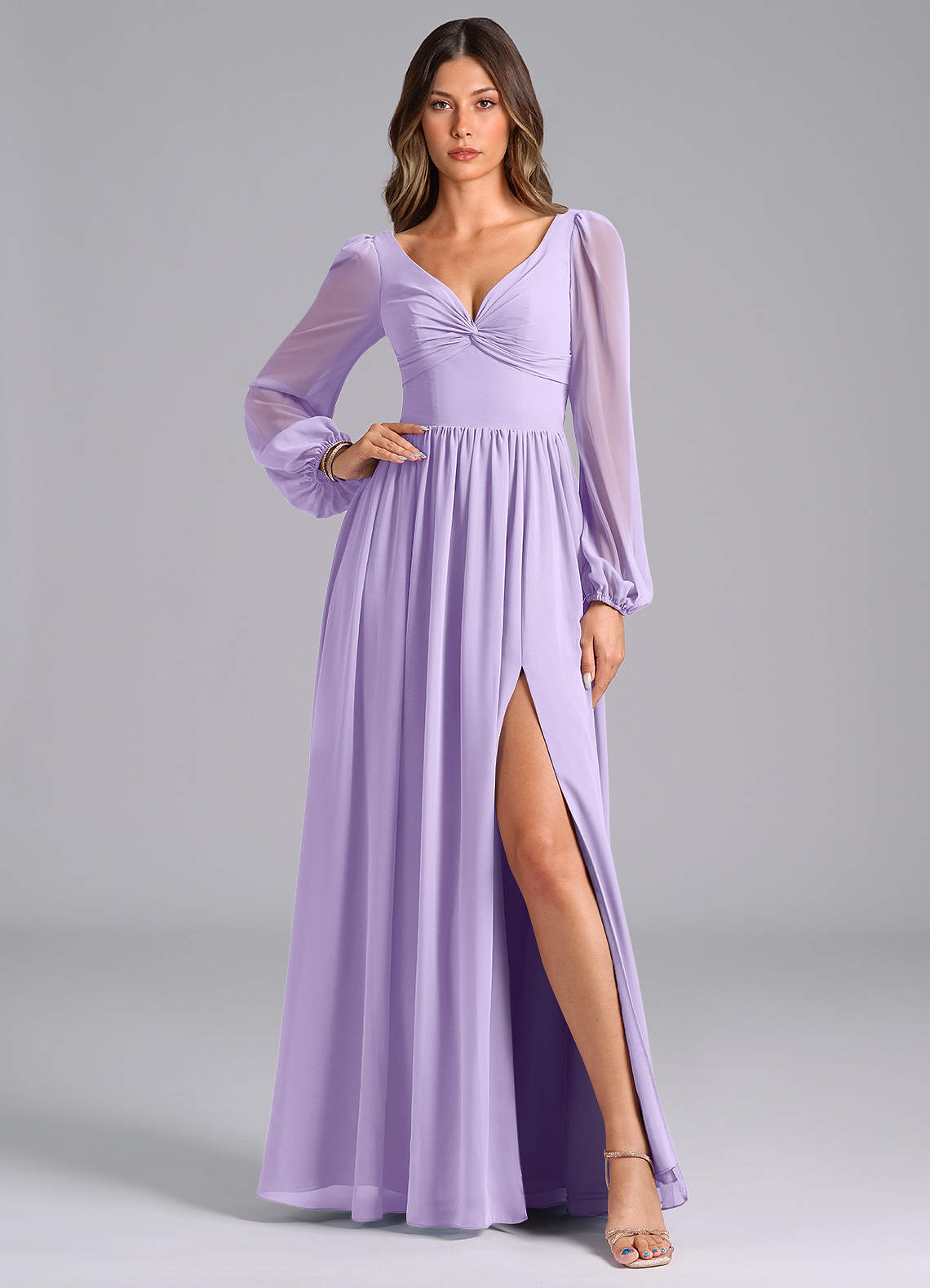 Azazie Zeya Bridesmaid Dresses Lilac A-Line Long Sleeve Chiffon Dress image1
