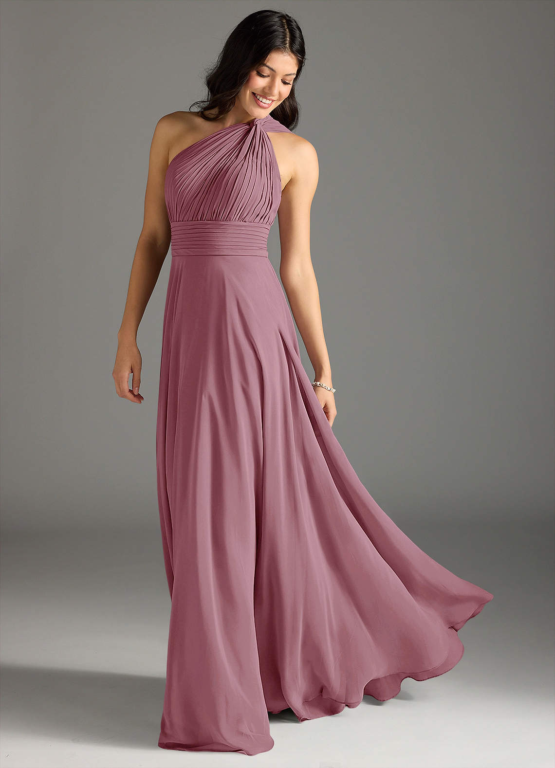 Azazie Charlize Bridesmaid Dresses Vintage Mauve A-Line One Shoulder Chiffon Dress image1
