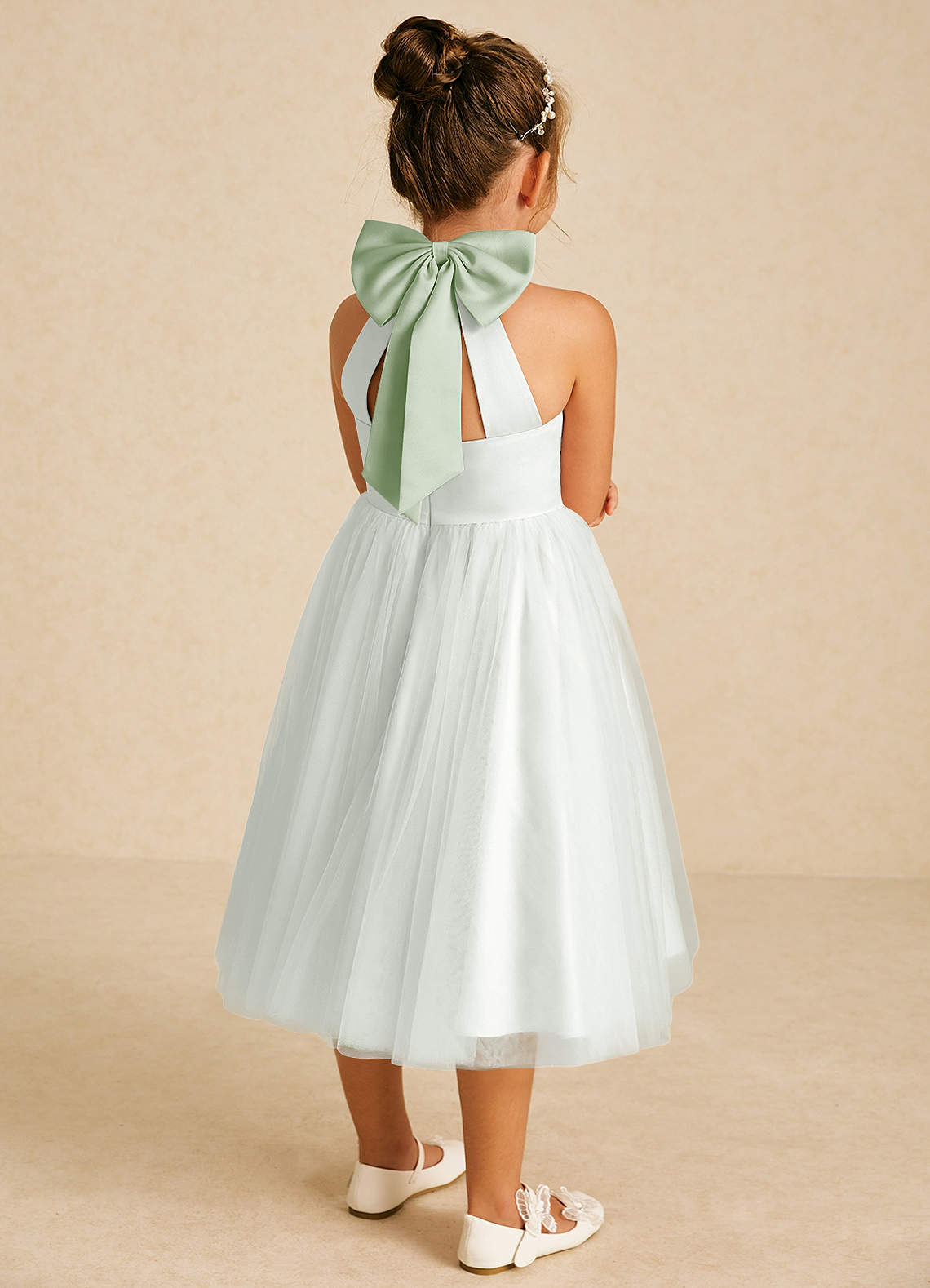 Azazie Dora Flower Girl Dresses Ivory Dusty Sage A-Line Bow Tulle Dress image1