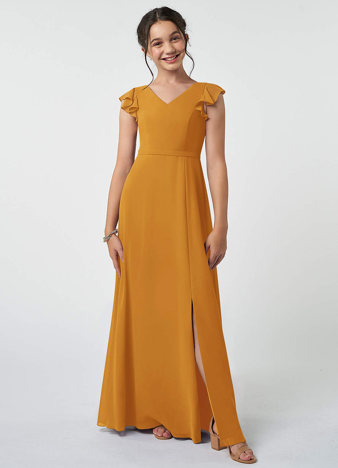 Azazie Claudine Junior Butterscotch A-Line Pleated Chiffon Dress image1