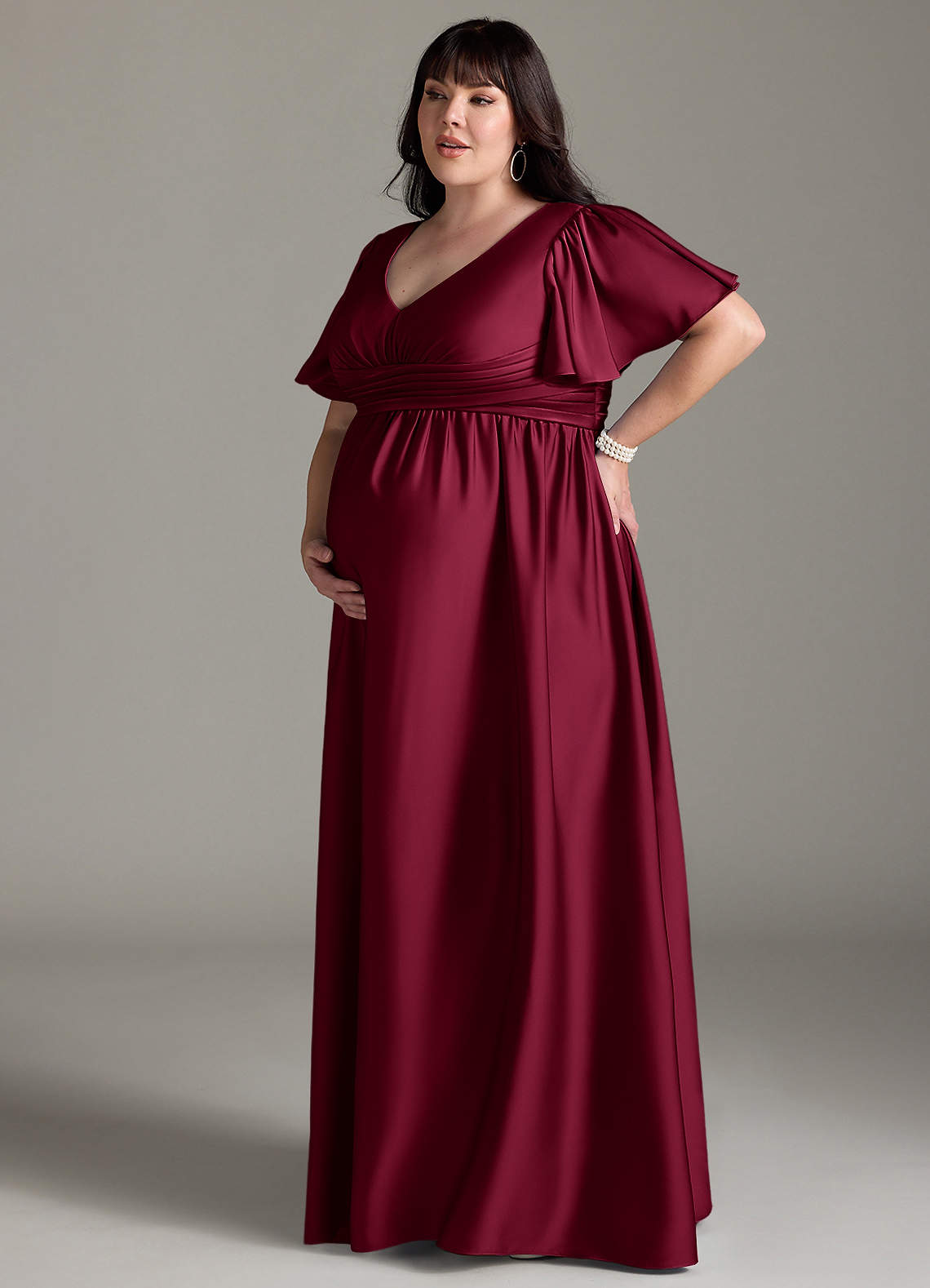 Azazie Verna vestidos de dama de honor de maternidad Vestido de Corte En A Volante Hasta el suelo Satén Elástico image13