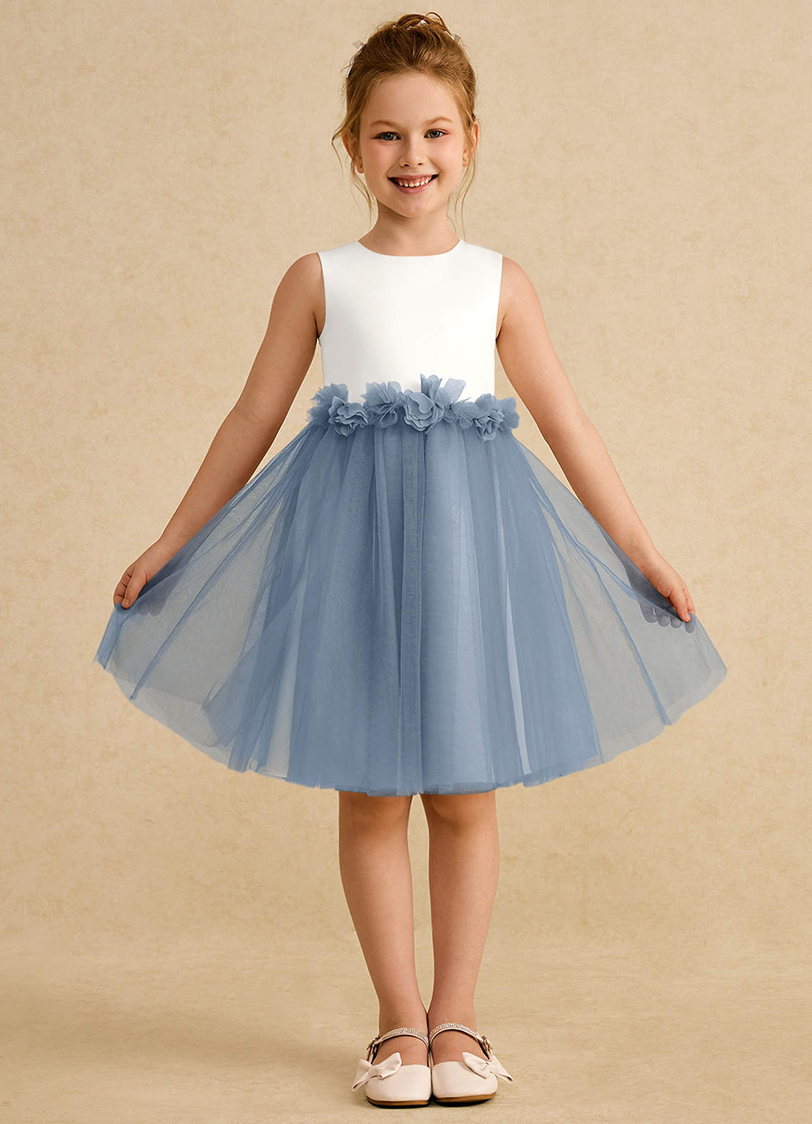 Azazie Louisa Abiti da Ragazza di Fiori Abito A-Line in Tulle Senza Maniche Avorio Blu Polvere image1