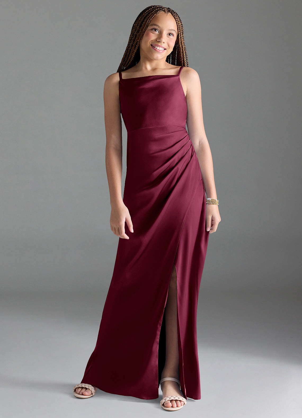 Azazie Leonis Junior Mulberry A-Line Pleated Stretch Satin Dress image1