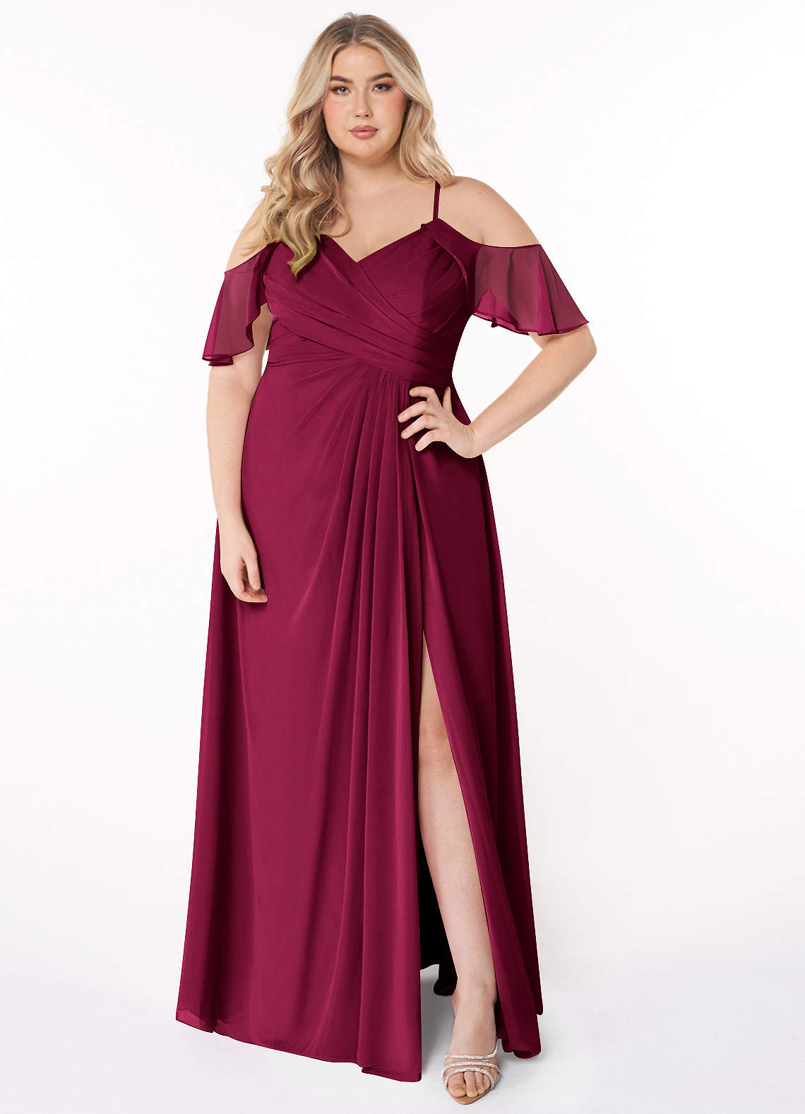 Azazie Dakota Brautjungfernkleider A-Linie V-Hals Gefaltet Chiffon Kleid Burgunderrot image1