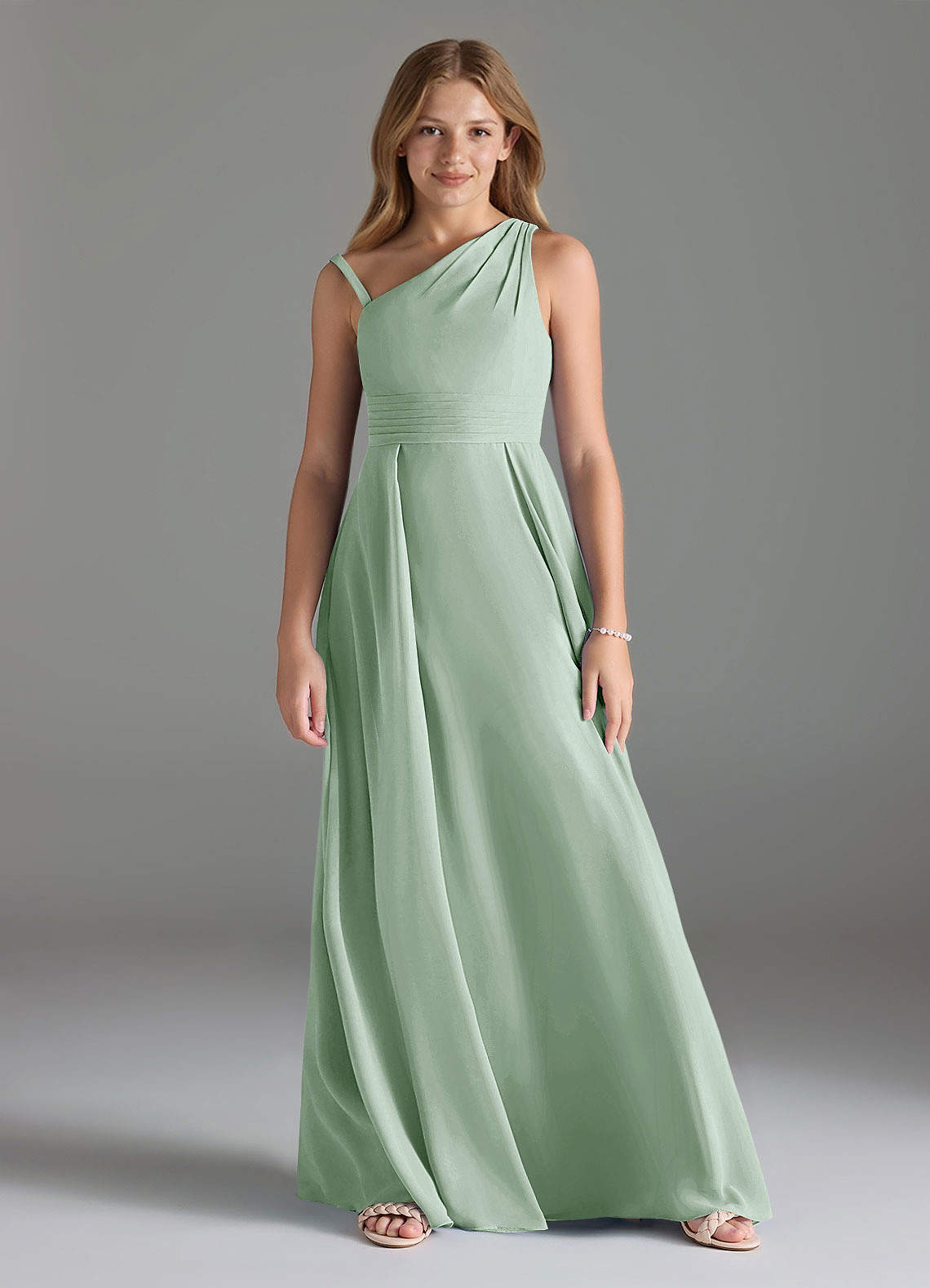 Azazie Dallas Junior Agave A-Line Pleated Chiffon Dress image1