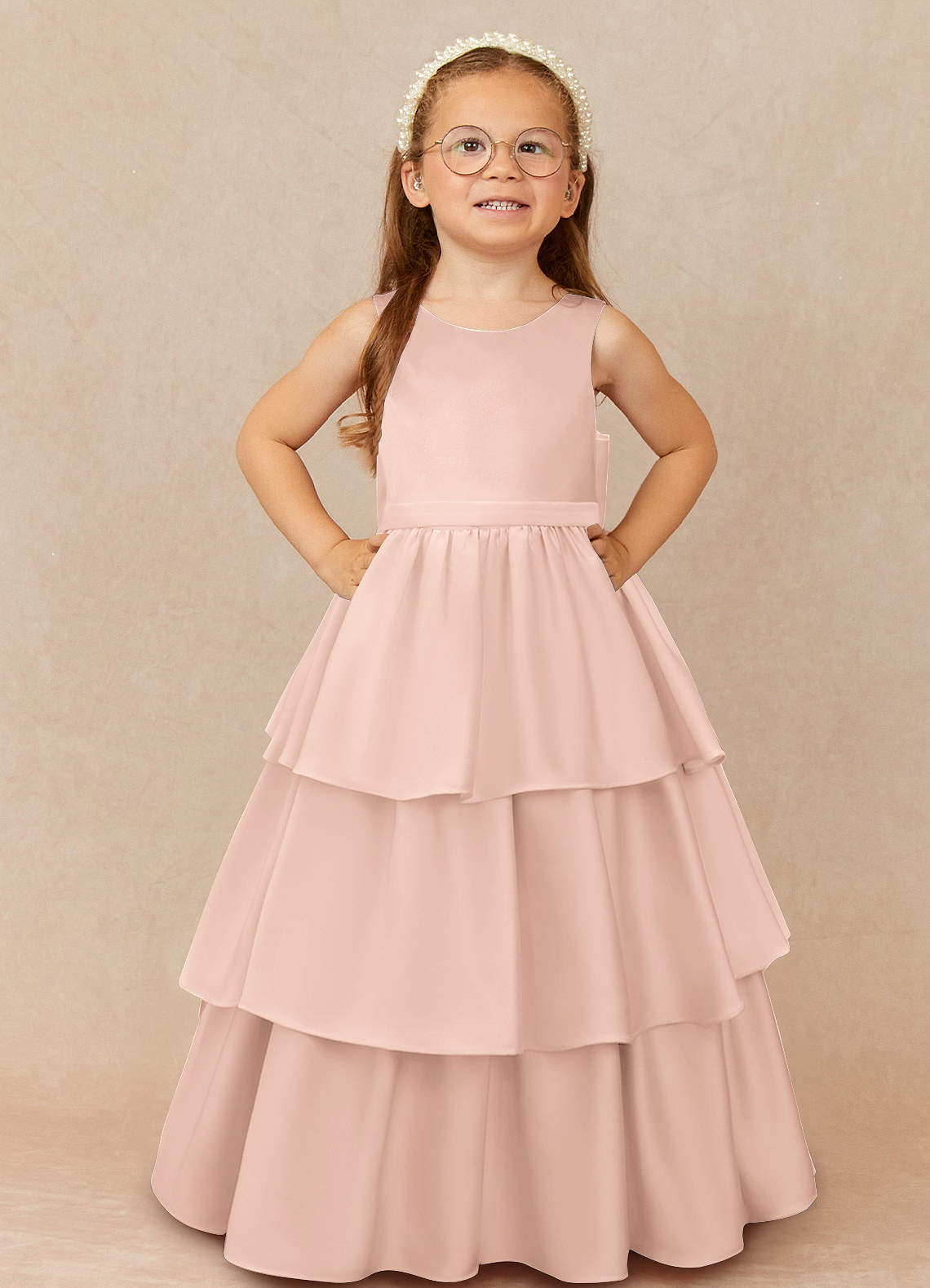 Azazie Margie Blushing Pink A-Line Bow Stretch Satin Dress | Azazie