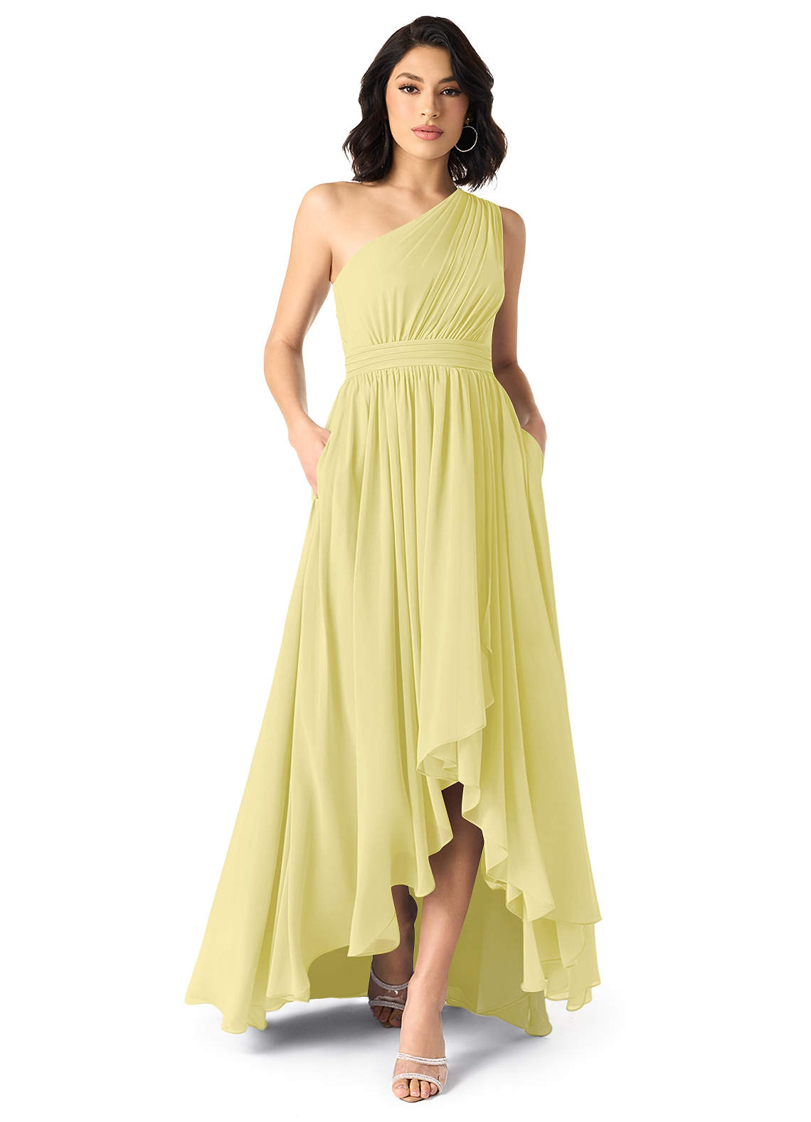 Azazie Mathilda Bridesmaid Dresses Lemon Sorbet A-Line One Shoulder Chiffon Dress image1
