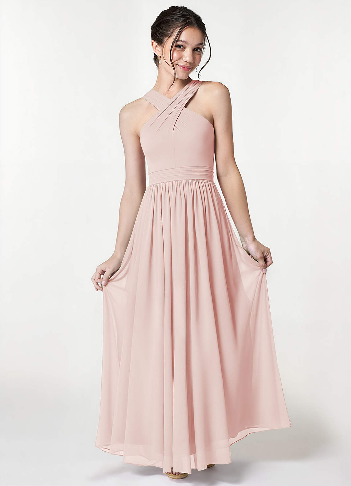 Azazie Jiya Junior Vestido de Pétalo De Rosa de Malla de Corte En A con Plisado image1