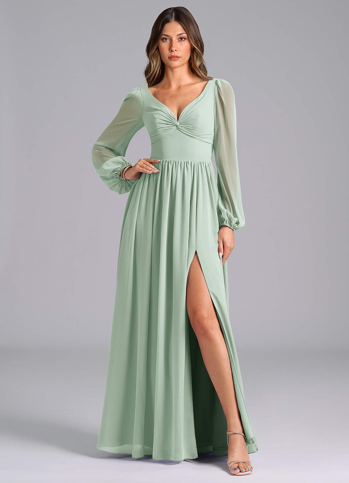 Azazie Zeya Bridesmaid Dresses Agave A-Line Long Sleeve Chiffon Dress image1
