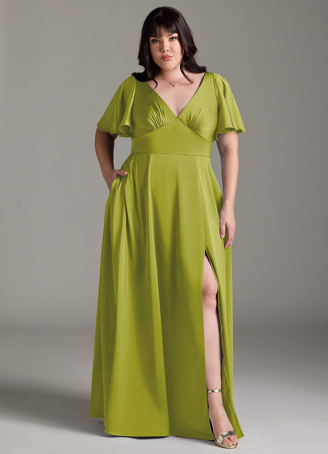 Azazie Kimber Bridesmaid Dresses Lemongrass A-Line Ruched Stretch Satin Dress image1