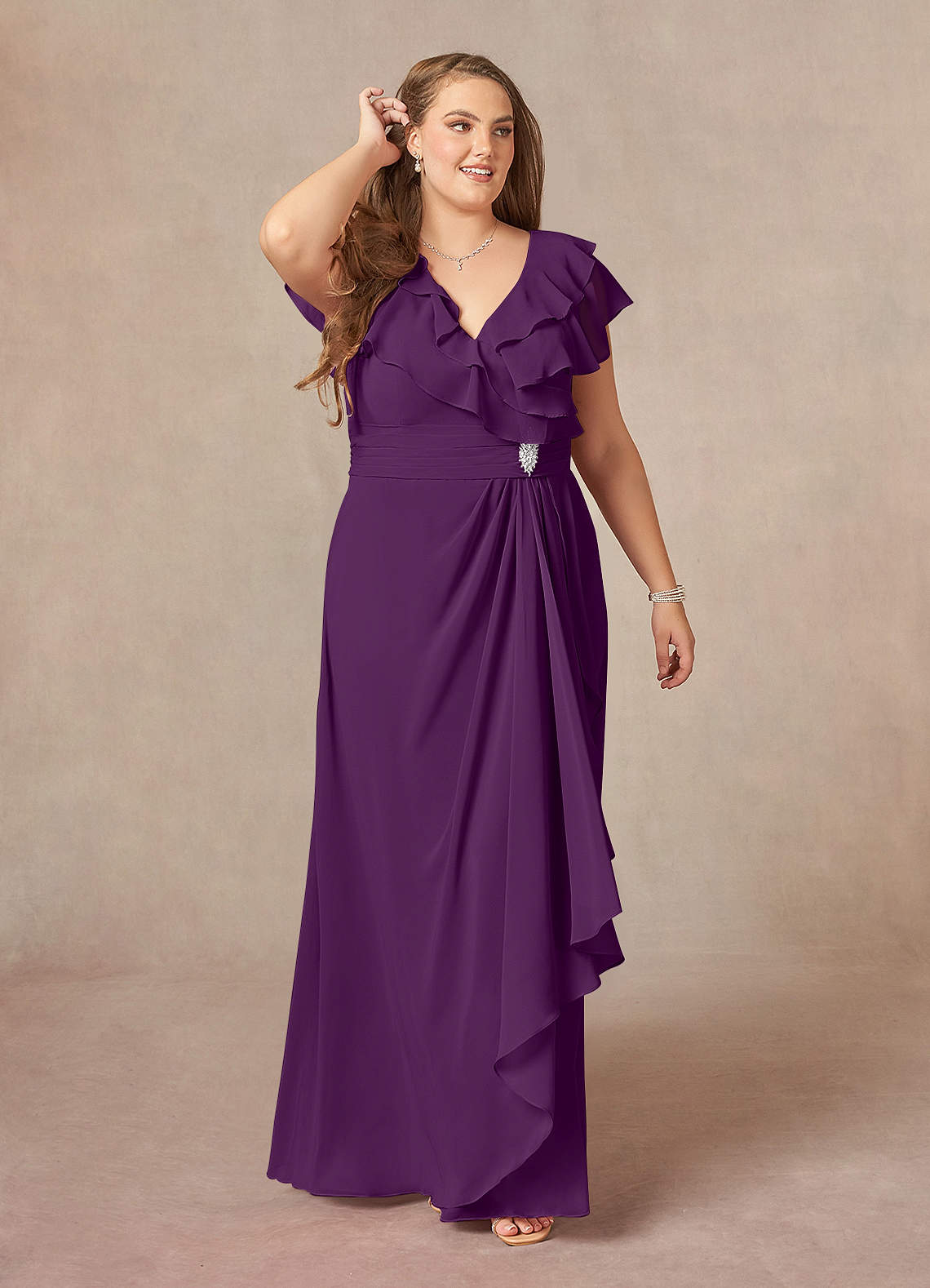 Azazie Snapdragon Kleider für die Brautmutter A-Linie V-Hals Gerüscht Chiffon Kleid Traube image1