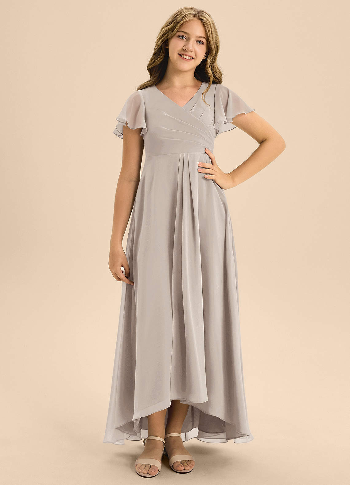 Azazie Induh Junior A-Linie Plissee Chiffon Kleid Frost image1