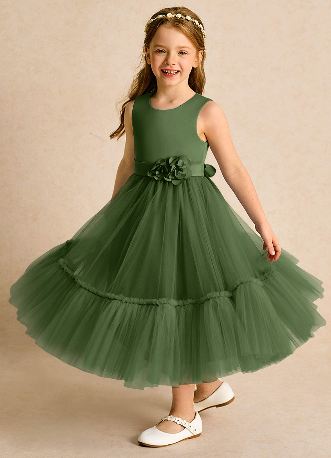 Azazie Miracle Flower Girl Dresses Olive A-Line Bow Matte Satin Dress image3