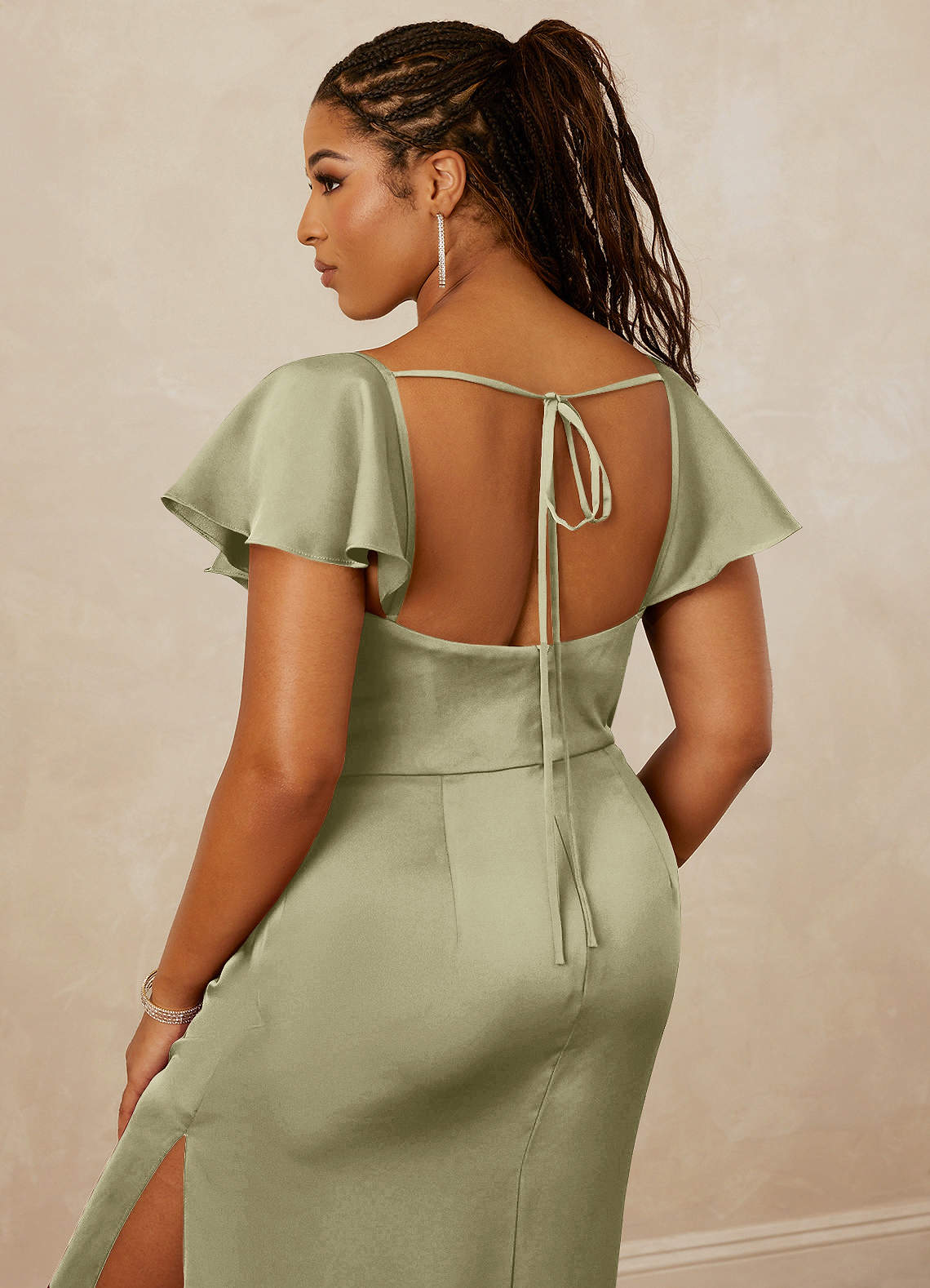 Christian Siriano Bridal for Azazie 1005 Bridesmaid Dresses Flutter Sleeve Stretch Satin Sheath Dress image9