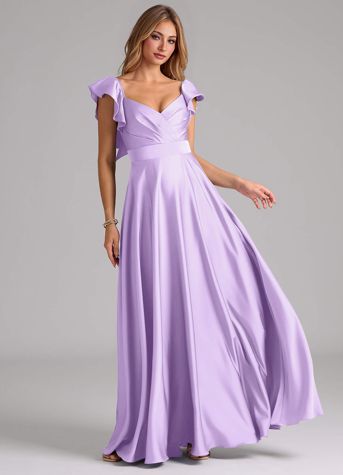 Azazie Leilani Bridesmaid Dresses Lilac A-Line Ruched Stretch Satin Dress image1