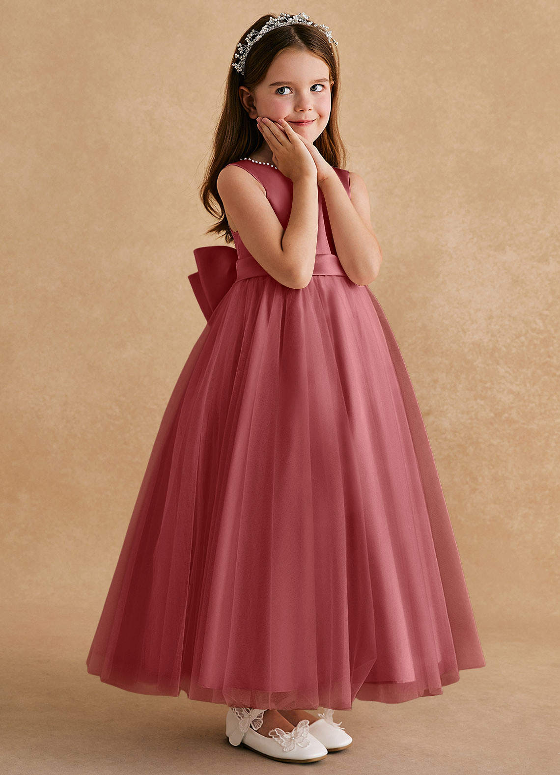 Azazie Cookie Vestidos de florista Vestido Rosa Antiga de Tule de Linha A com Arco image2