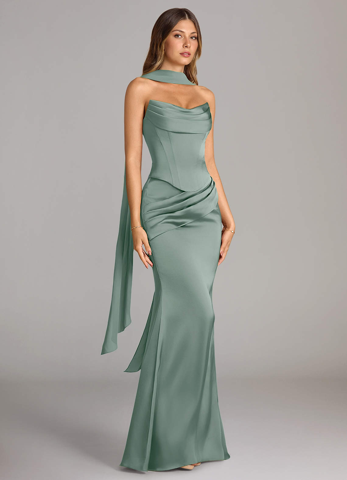 Azazie Sorrel Vestidos de damas de honor Vestido de Salvia Plateada de Satén Elástico de Corte Sirena Convertible con Sin tirantes image3