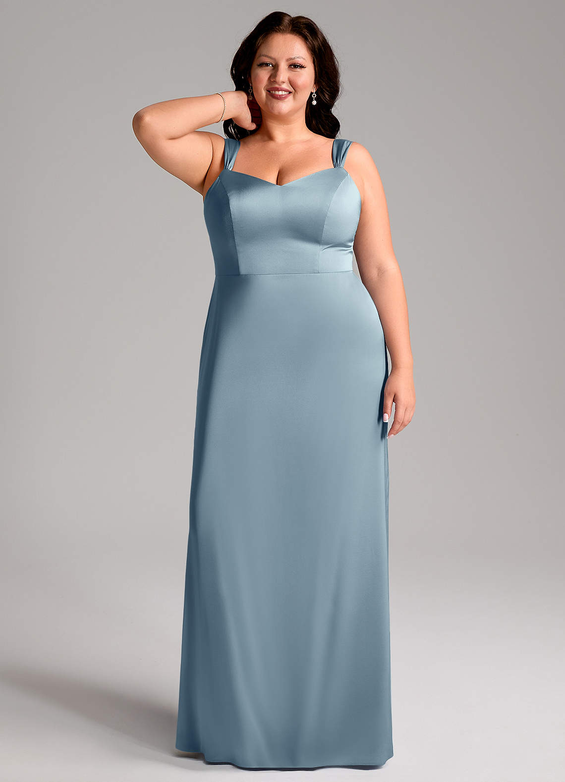 Azazie Denice Bridesmaid Dresses Dusty Blue Sheath Pleated Stretch Satin Dress image8