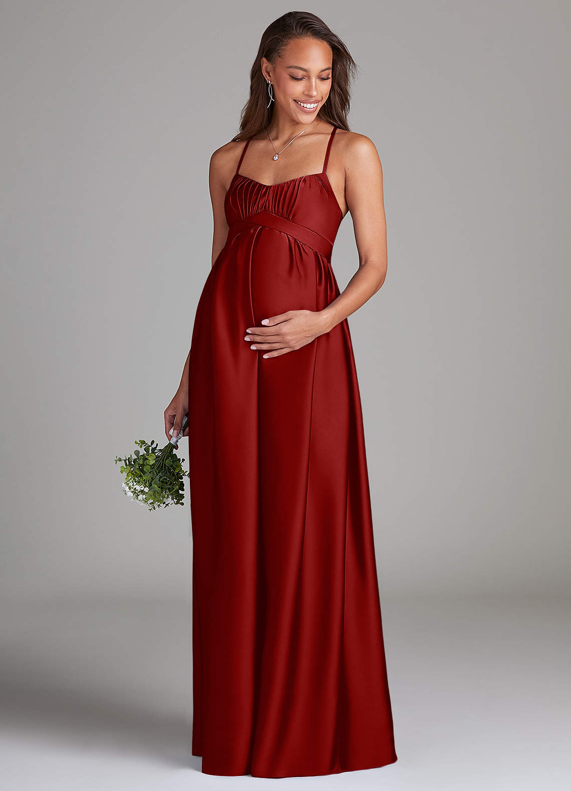 Azazie Llana Gravid brudtärna klänningar Klänning A-Linje med fickor Golvlängd Stretch Satin image1