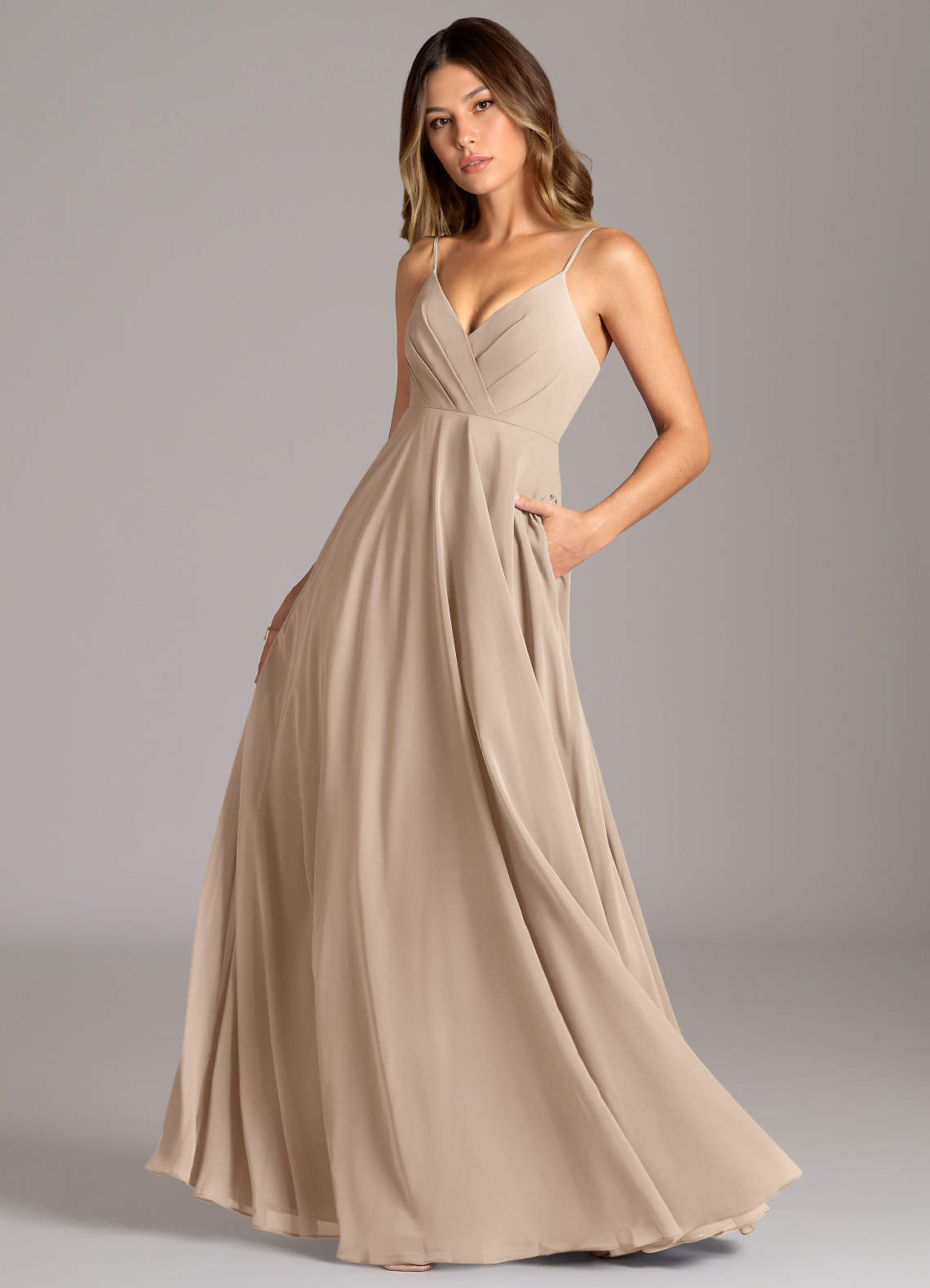 Azazie Amani Bridesmaid Dresses Taupe A-Line Pleated Chiffon Dress image1