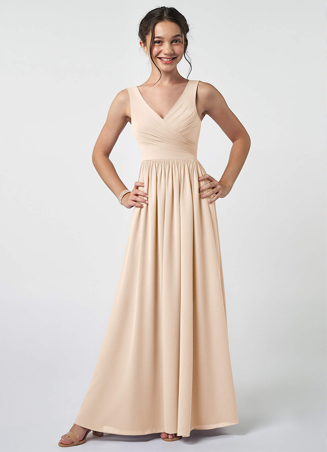 Azazie Keyla Junior White Alabaster A-Line Pleated Chiffon Dress image1