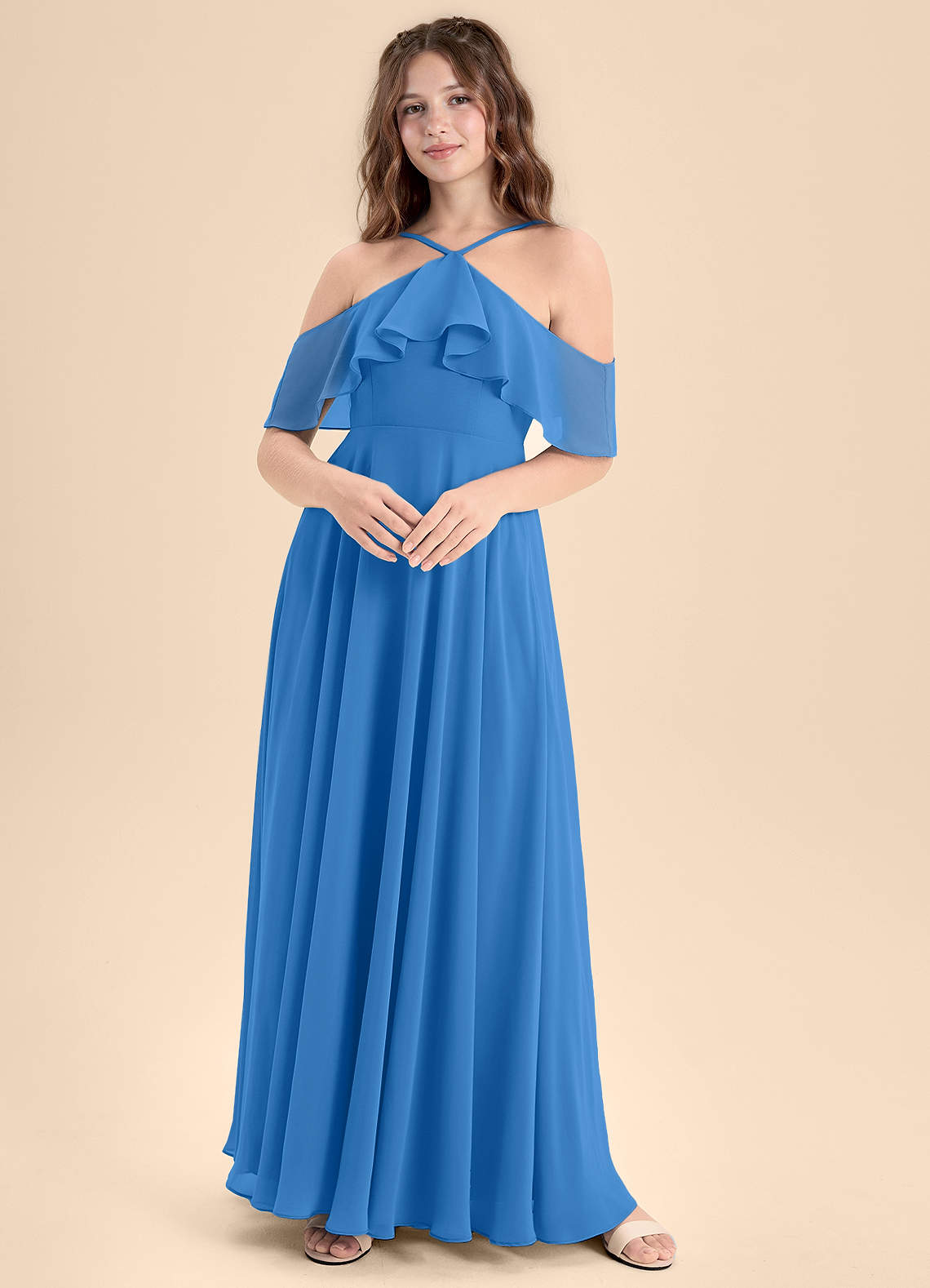 Azazie Tessabelle Junior Abito A-Line in Chiffon a Spalla Scoperta Blue Jay image1