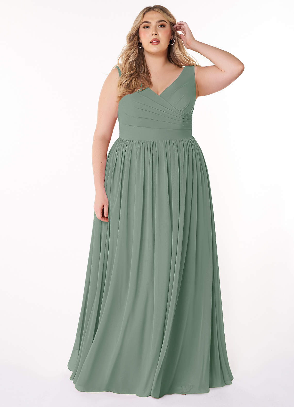 Azazie Keyla Bridesmaid Dresses Silver Sage A-Line V-Neck Pleated Chiffon Dress image1