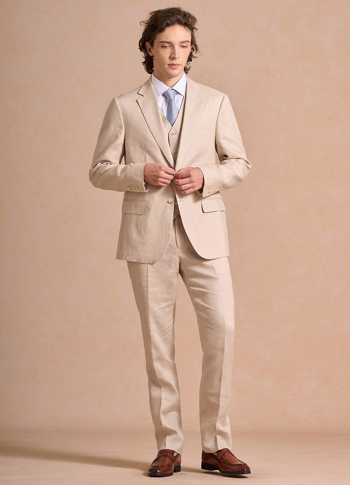 front Harrison Tan 100% Linen 3-Piece Suit