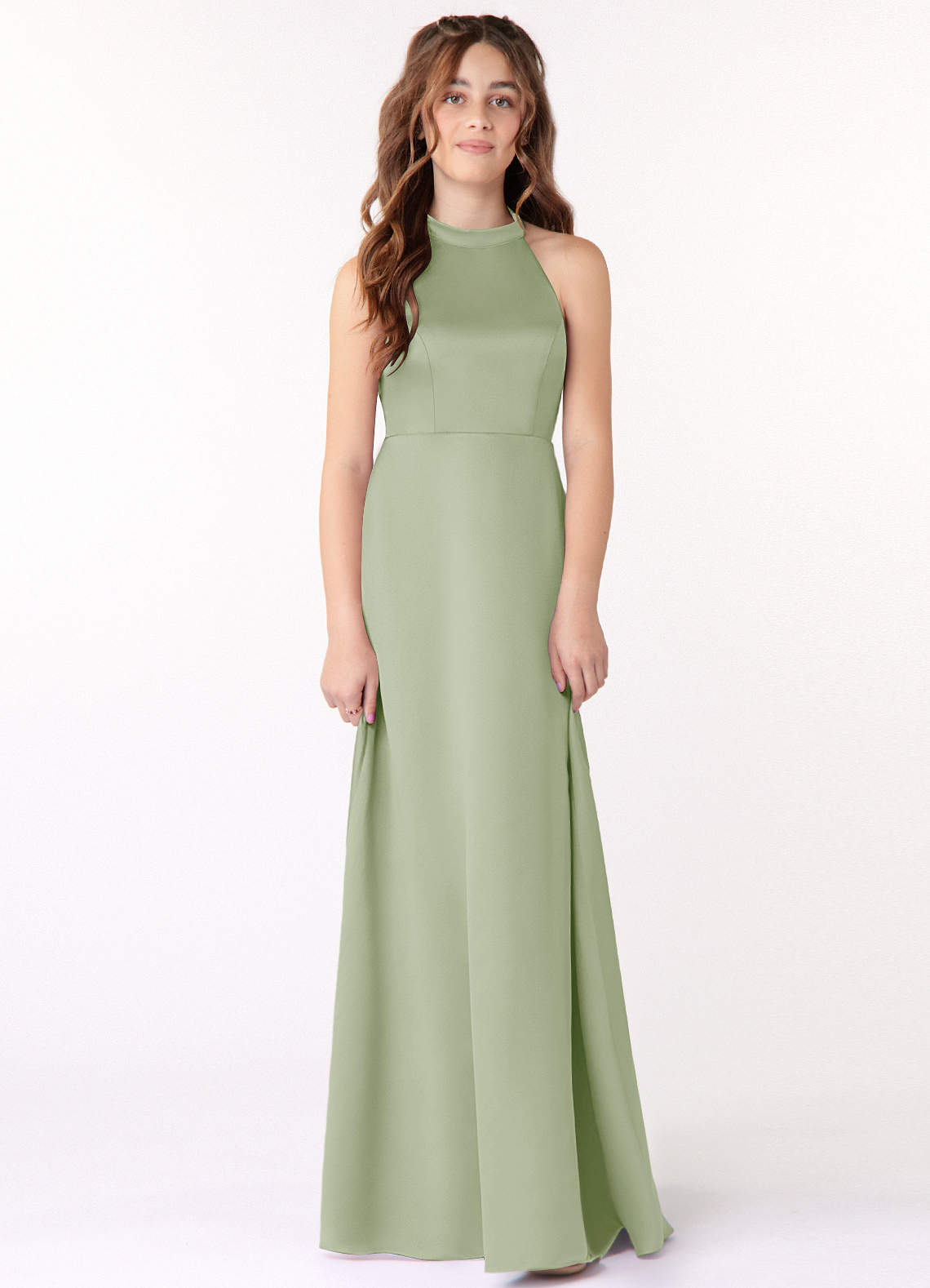 Azazie Laurel Junior Vestido de Salvia Polvorienta de Satén Elástico de Corte En A image1