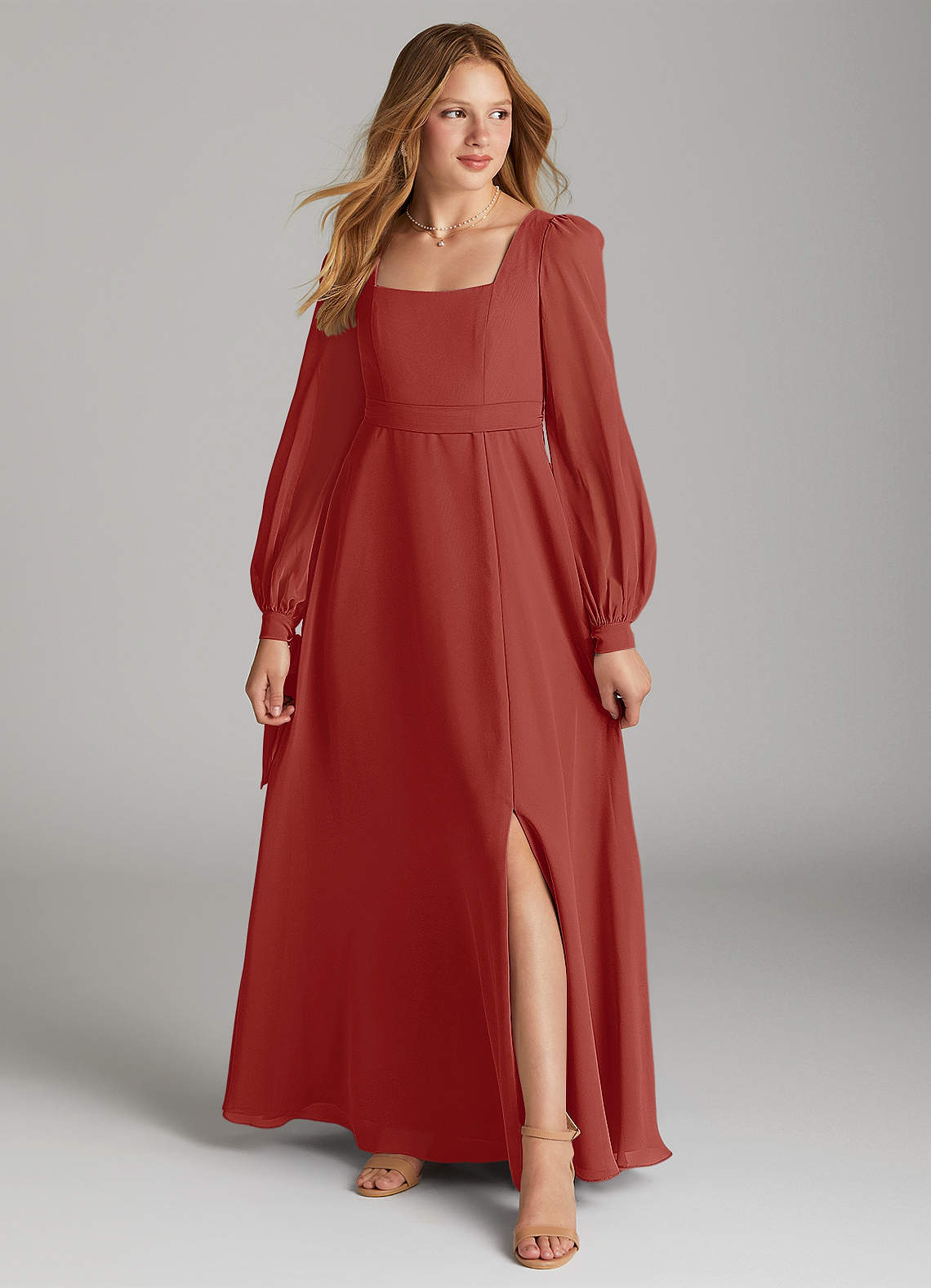 Azazie Leonia Junior Terracotta A-Line with Pockets Chiffon Dress image1