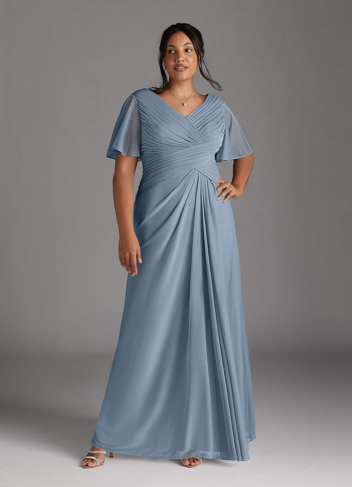 Azazie Emmeline Mother of the Bride Dresses Dusty Blue A-Line V-Neck Pleated Mesh Dress image8