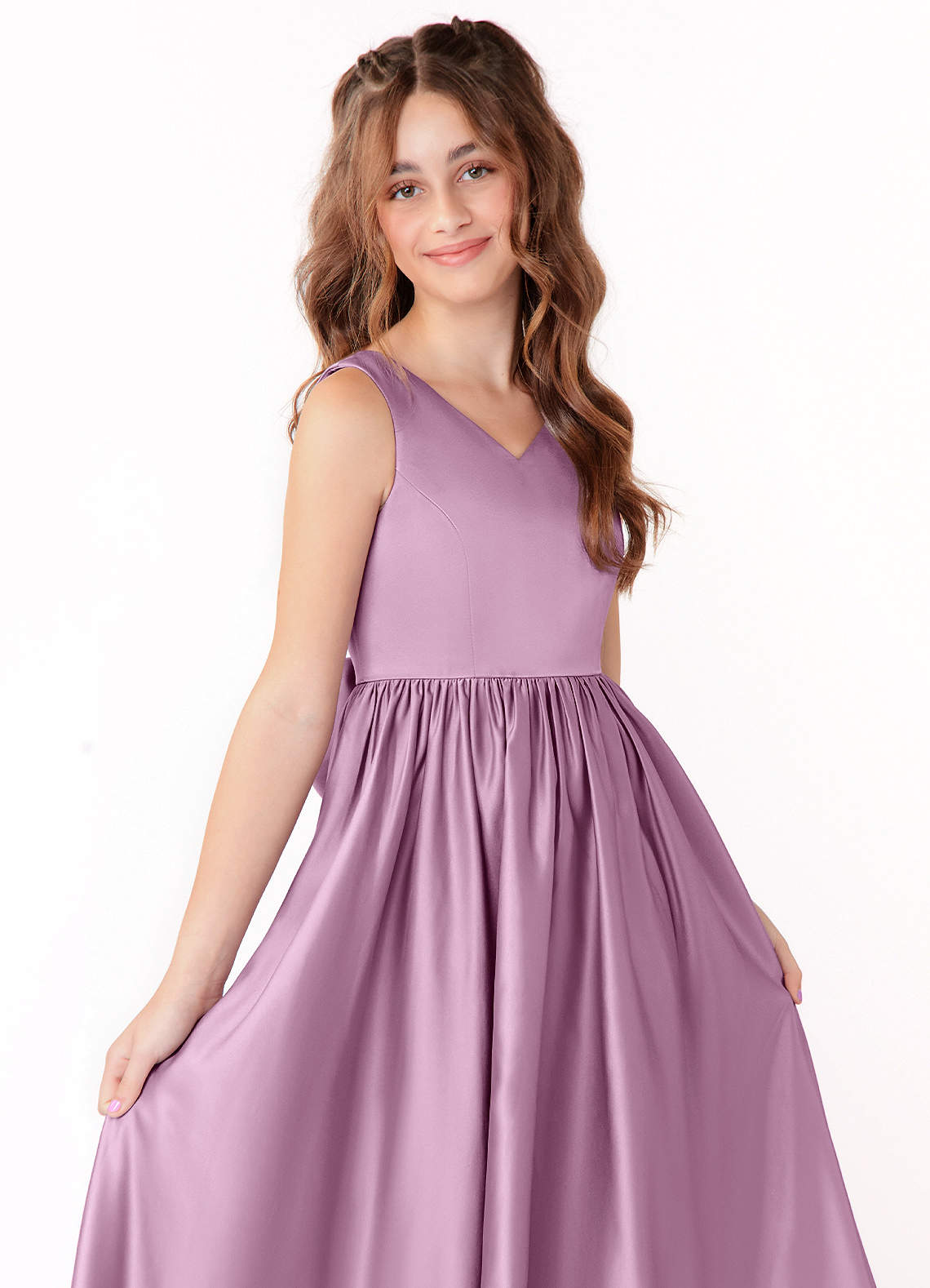 Azazie Hathaway Junior Wisteria A-Line Bow Stretch Satin Dress image4