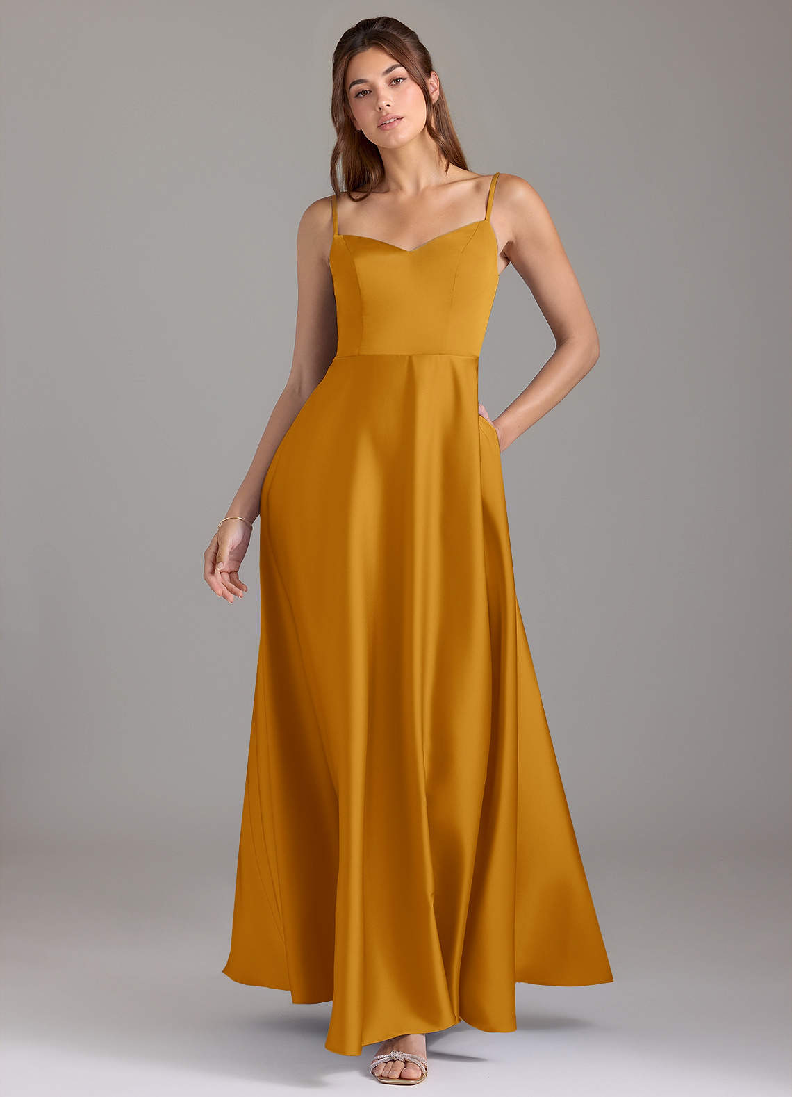 Azazie Marley Bridesmaid Dresses Butterscotch A-Line Off the Shoulder Stretch Satin Convertible Dress image1
