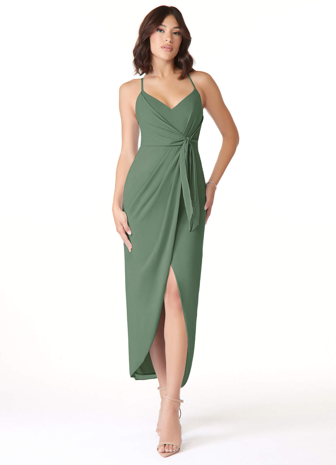 Azazie Ollie Bridesmaid Dresses Eucalyptus Sheath Ruched Stretch Chiffon Dress image1