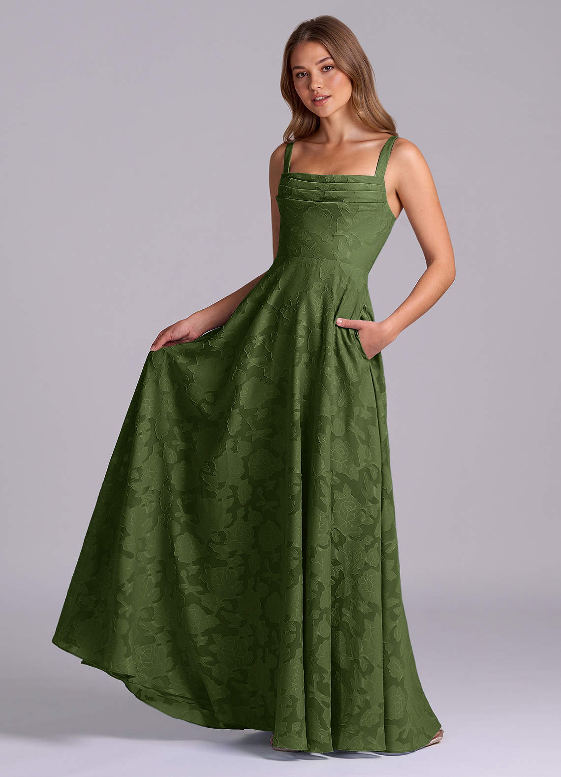 Azazie Shaude Bridesmaid Dresses Olive A-Line Pleated Floral Burnout Dress image4