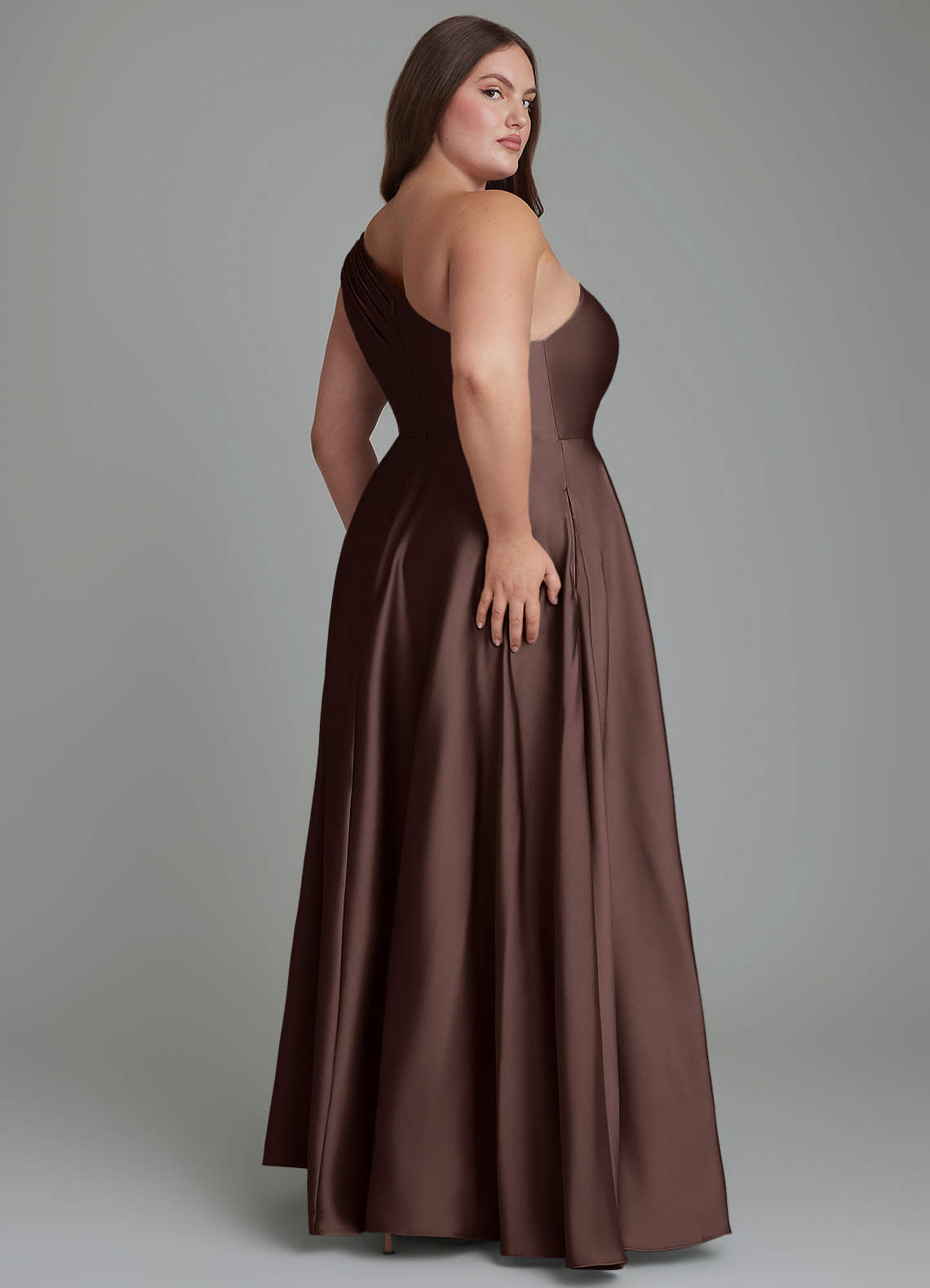 Azazie Melanie Bridesmaid Dresses Ganache A-Line Off the Shoulder Stretch Satin Dress image7