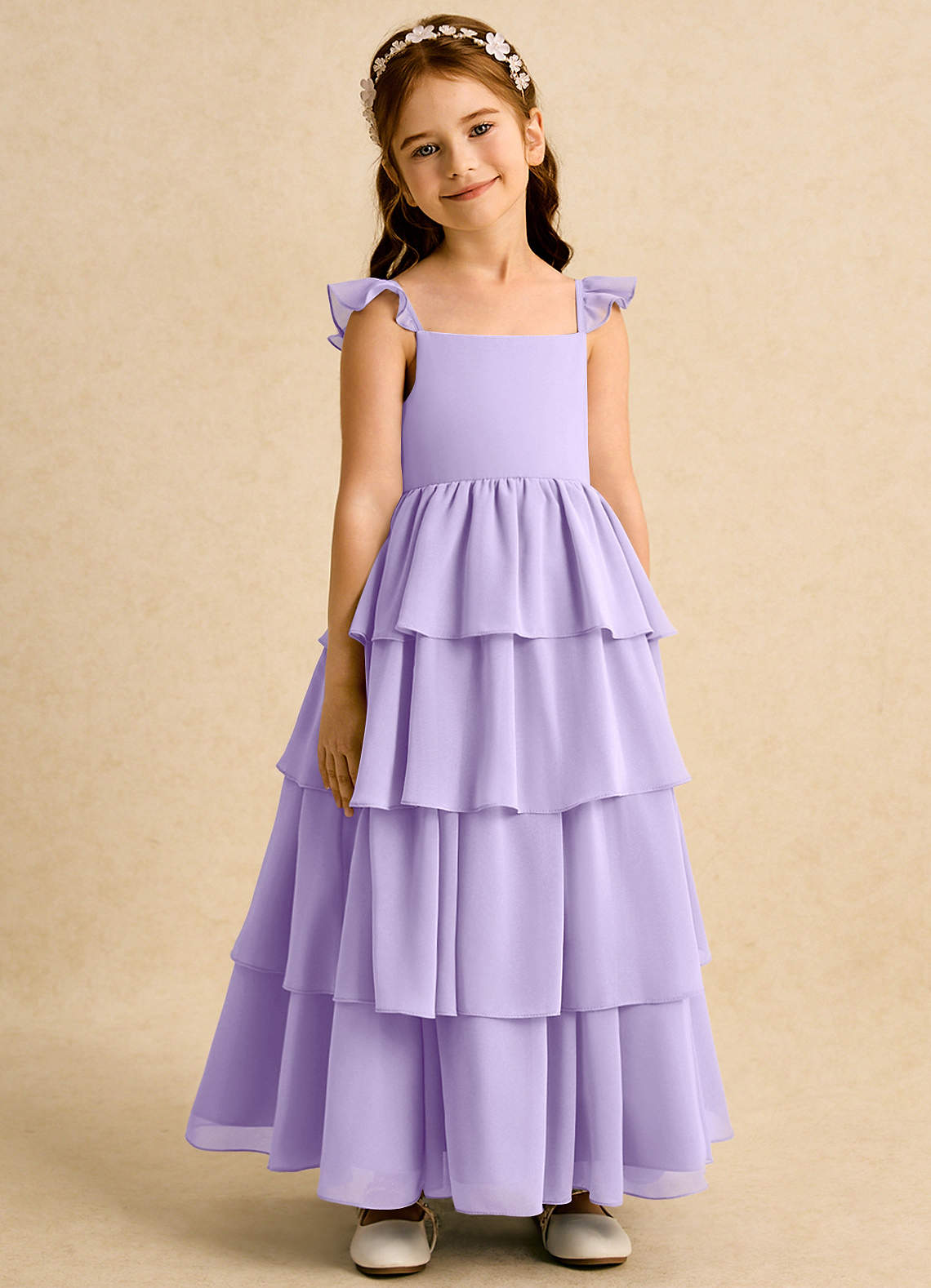 Azazie Boba vestidos de niña de las flores Vestido de Lila de Gasa de Corte En A con Escote Cuadrado image1
