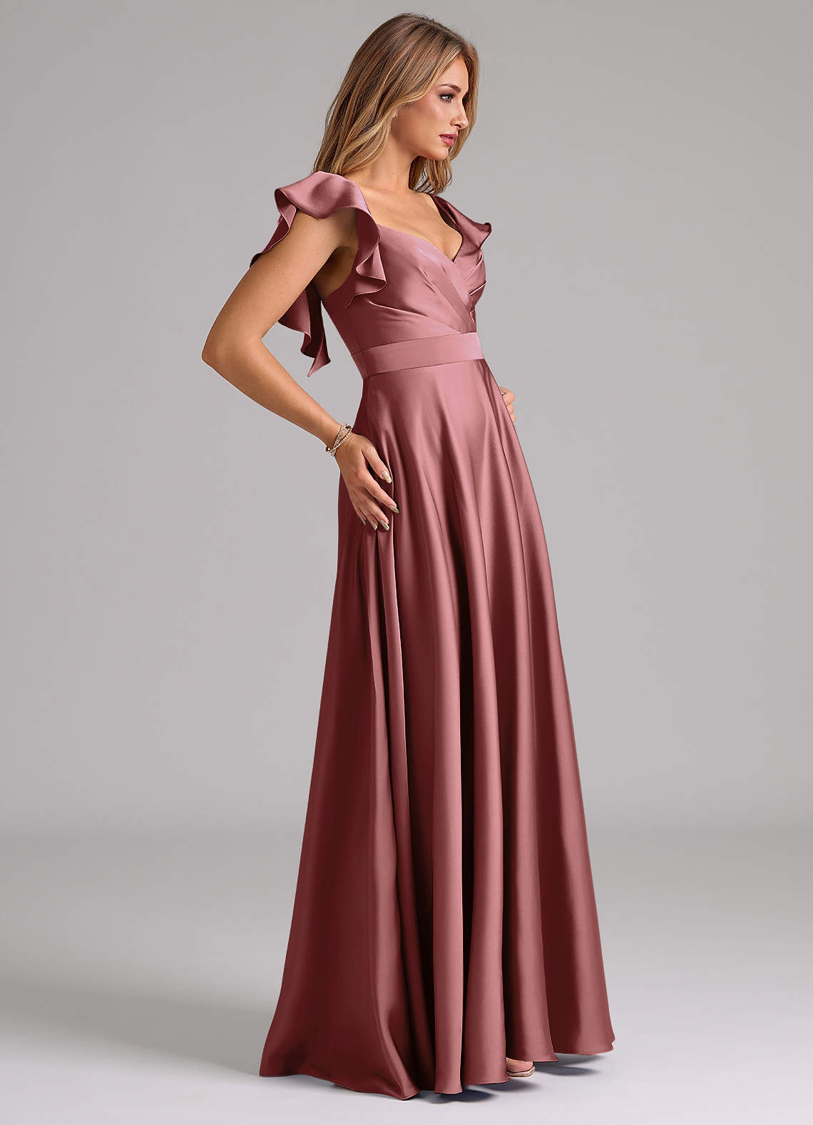 Azazie Leilani Bridesmaid Dresses Amethyst A-Line Ruched Stretch Satin Dress image5