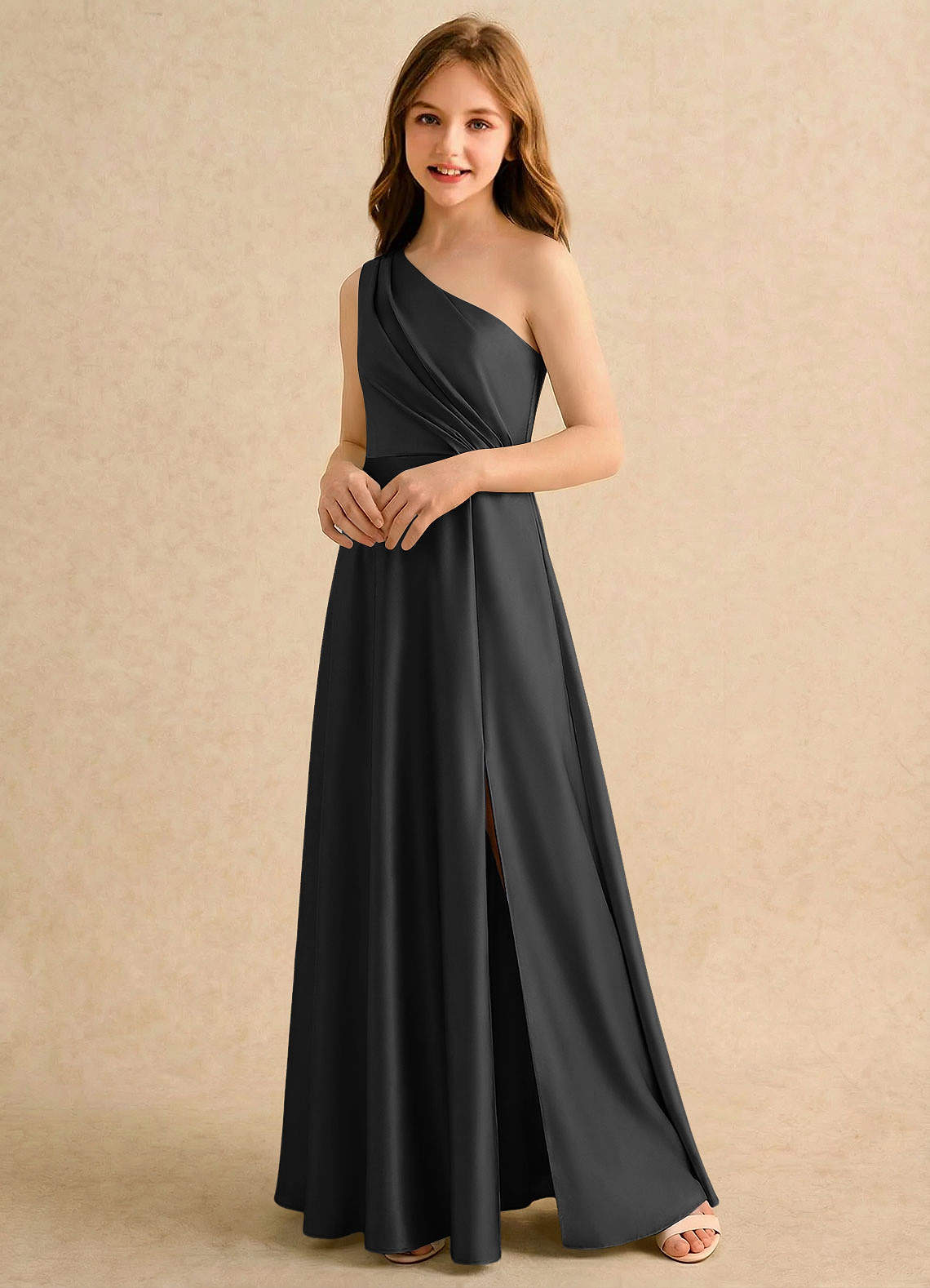 Azazie Puddles Girls Formal Flower Girl Klänningar Klä A-Line i Stretch Satin Ena axeln image3